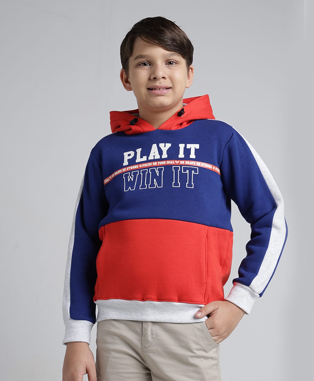 Under Fourteen Only Full Sleeves Colour Blocked Typography Printed Light Winter Hoodie - Orange-picture-26
