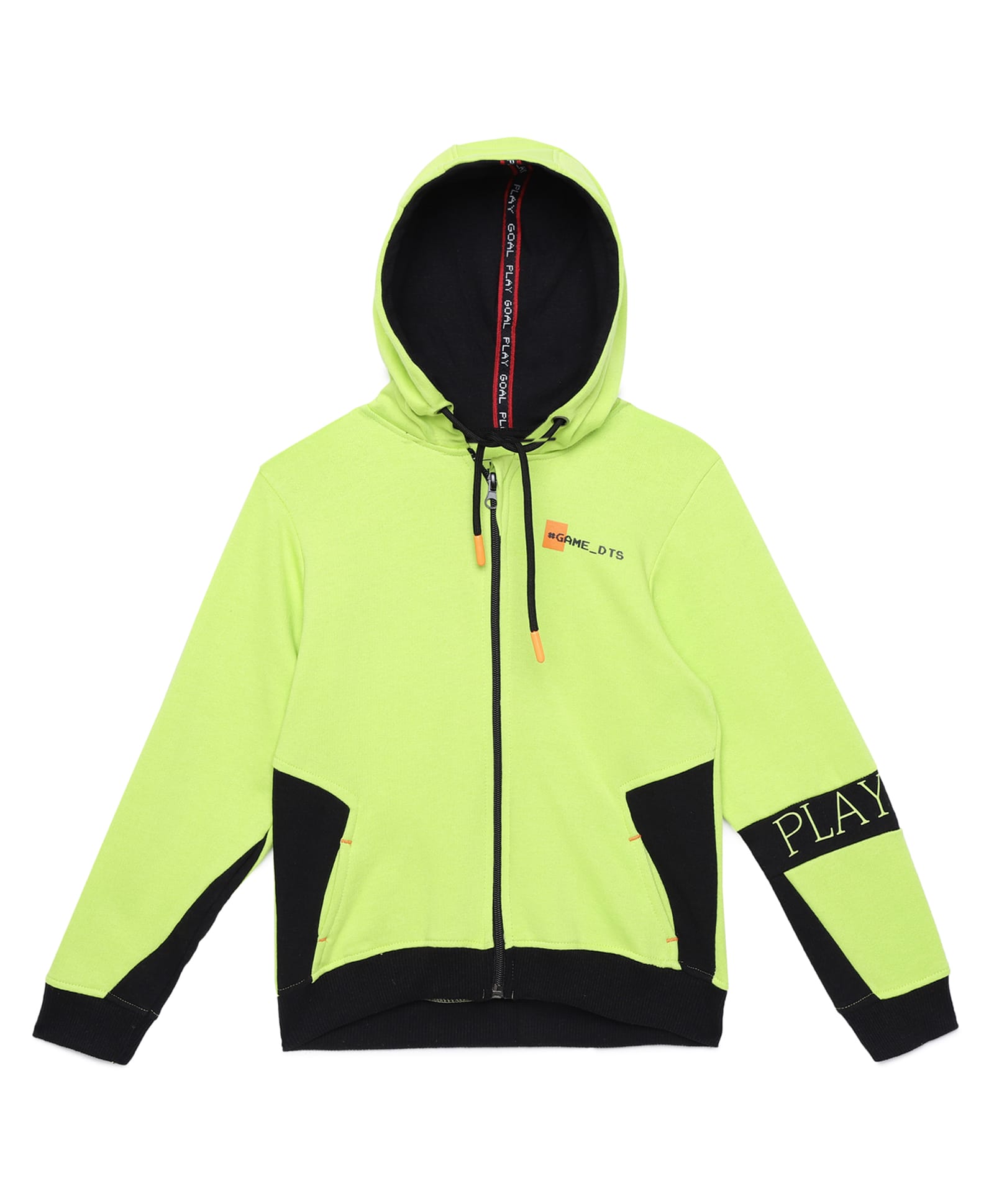 Under Fourteen Only Full Sleeves Colour Blocked Typography Printed Light Winter Hooded Sweatshirt - Green-picture-11