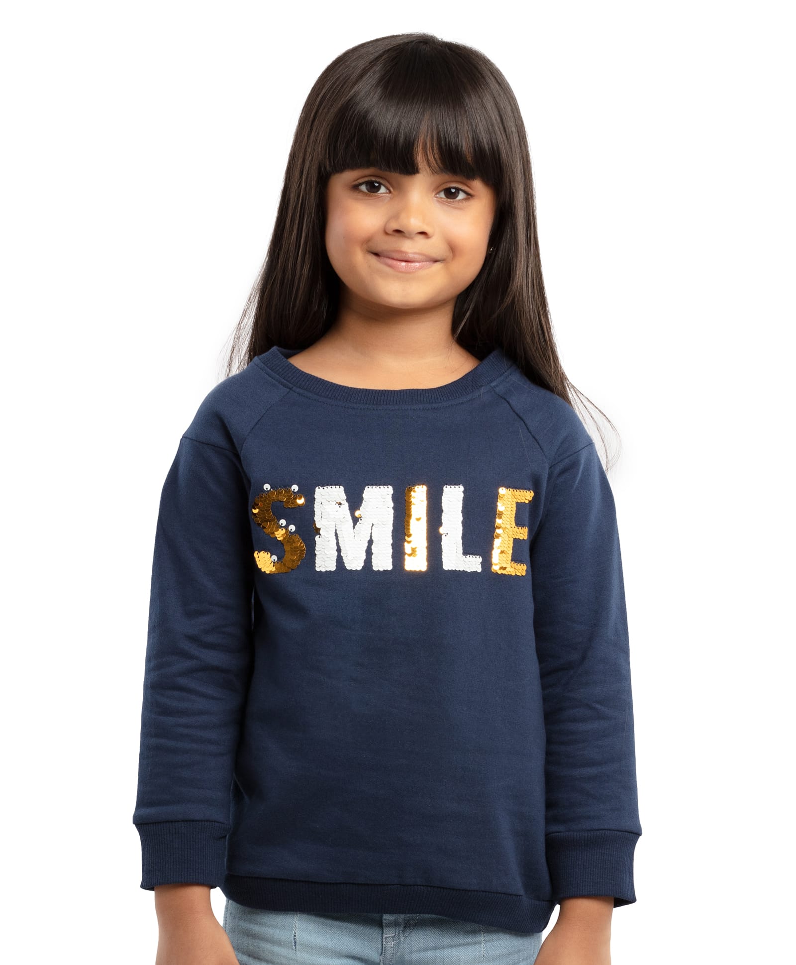 Under Fourteen Only Full Sleeves Sequins Embellished Smile Text Designed Light Winter Sweatshirt - Navy Blue-picture-22