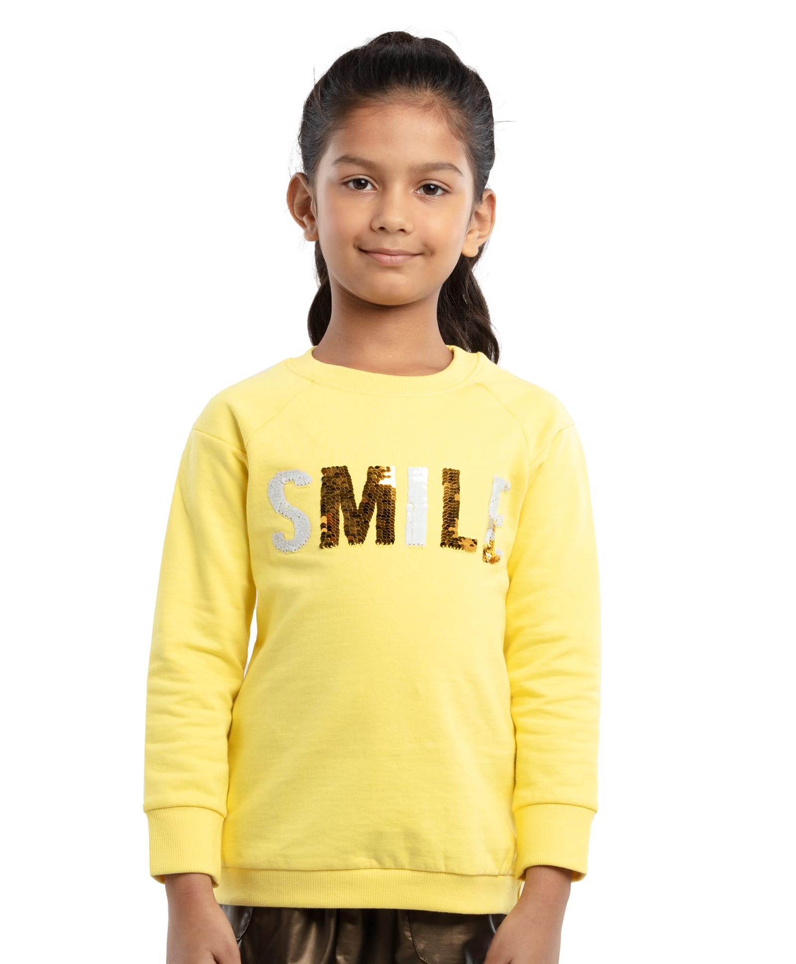 Under Fourteen Only Full Sleeves Sequins Embellished Smile Text Designed Light Winter Sweatshirt - Yellow-picture-20