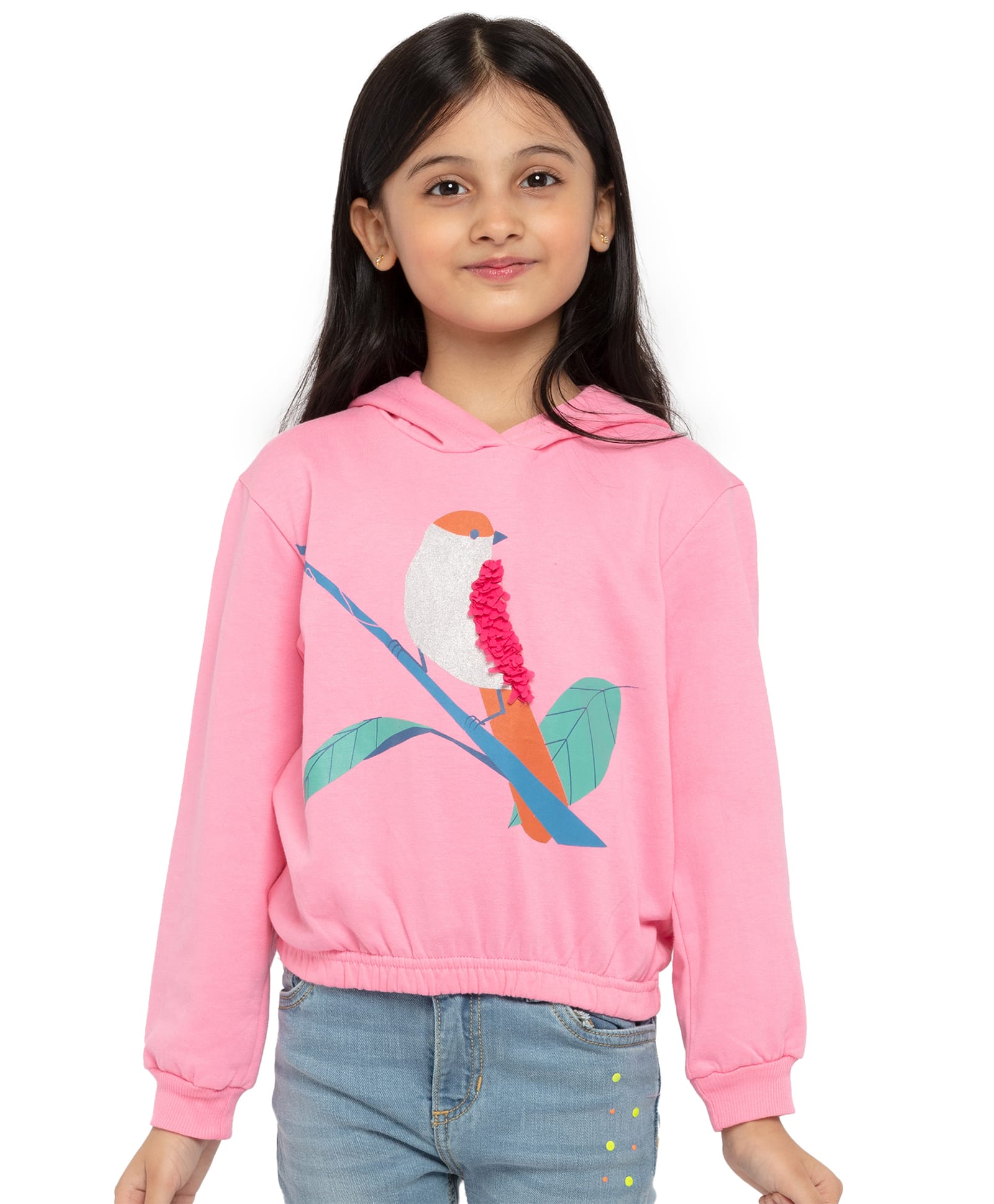 Under Fourteen Only Full Sleeves Bird Printed Light Winter Hooded Sweatshirt - Pink-picture-18