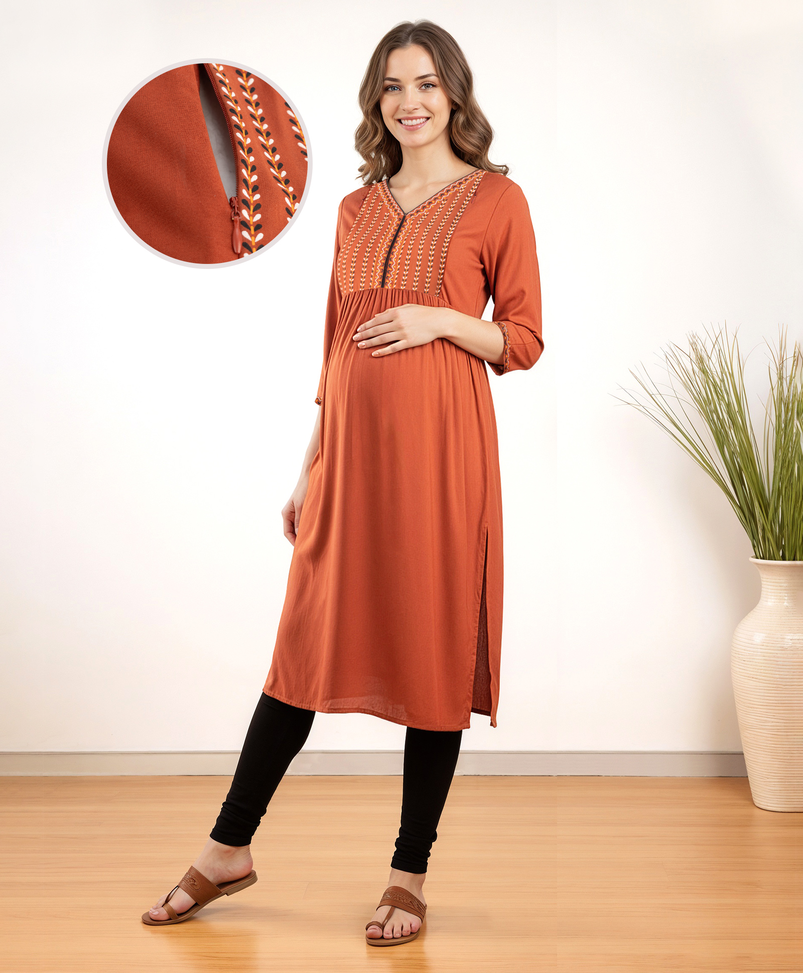 Bella Mama Woven Three Fourth Sleeves Maternity Kurta With Floral Print - Rust-image-8