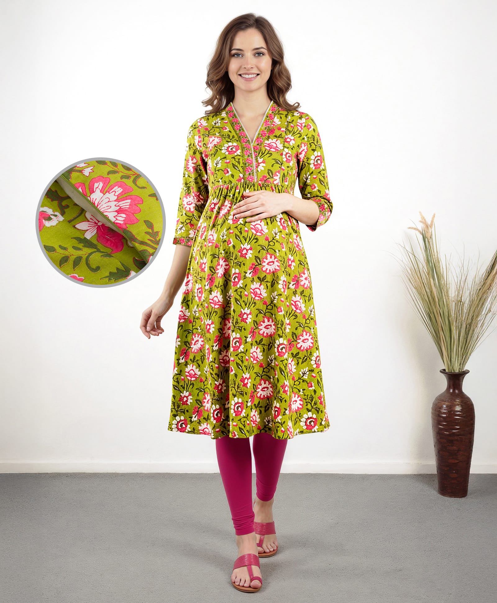 Bella Mama Woven Three Fourth Sleeves Floral Printed & Embroidered Neck Maternity Kurta - Green