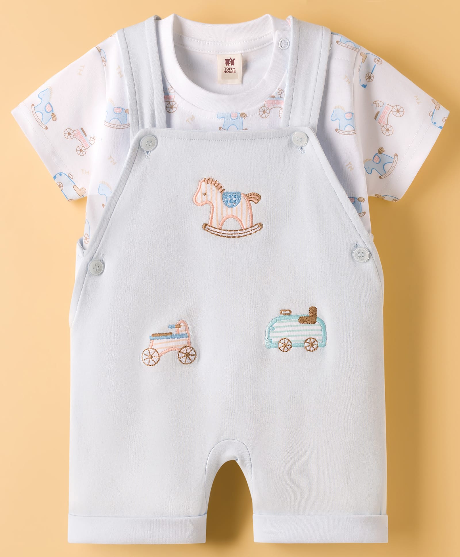 ToffyHouse Cotton Knit Dungaree & Half Sleeves Inner Tee With Toy Print & Embroidery - Light Blue & White-picture-29
