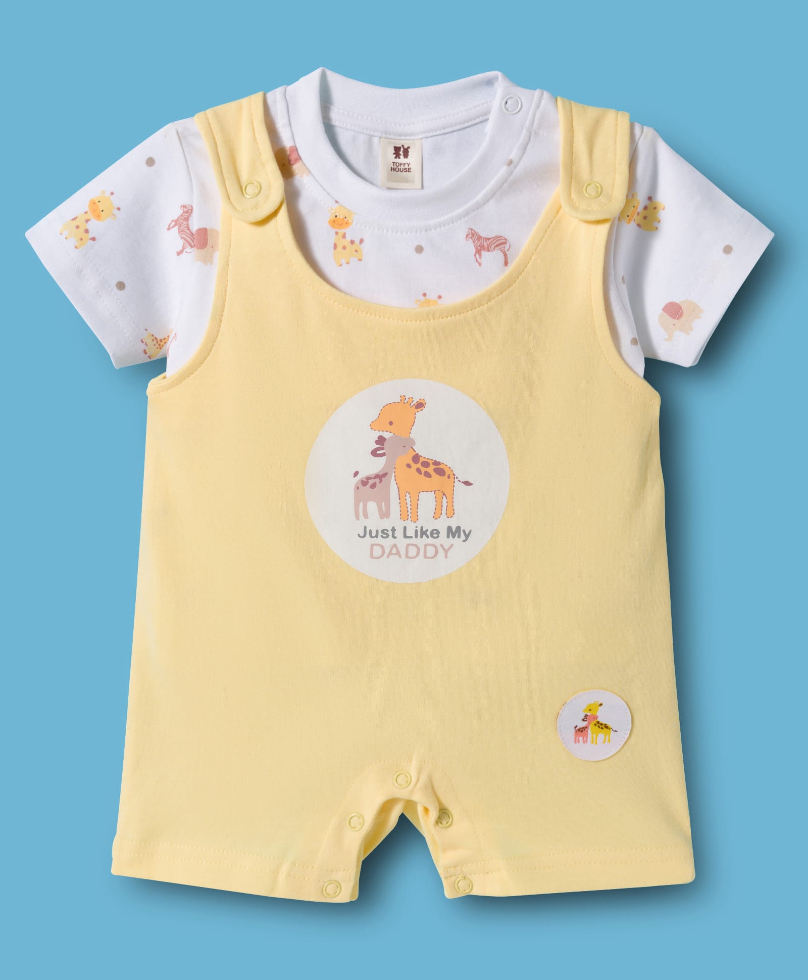 ToffyHouse Cotton Knit Half Sleeves Romper Style Dungree With Animal Print - Lemon-image-24