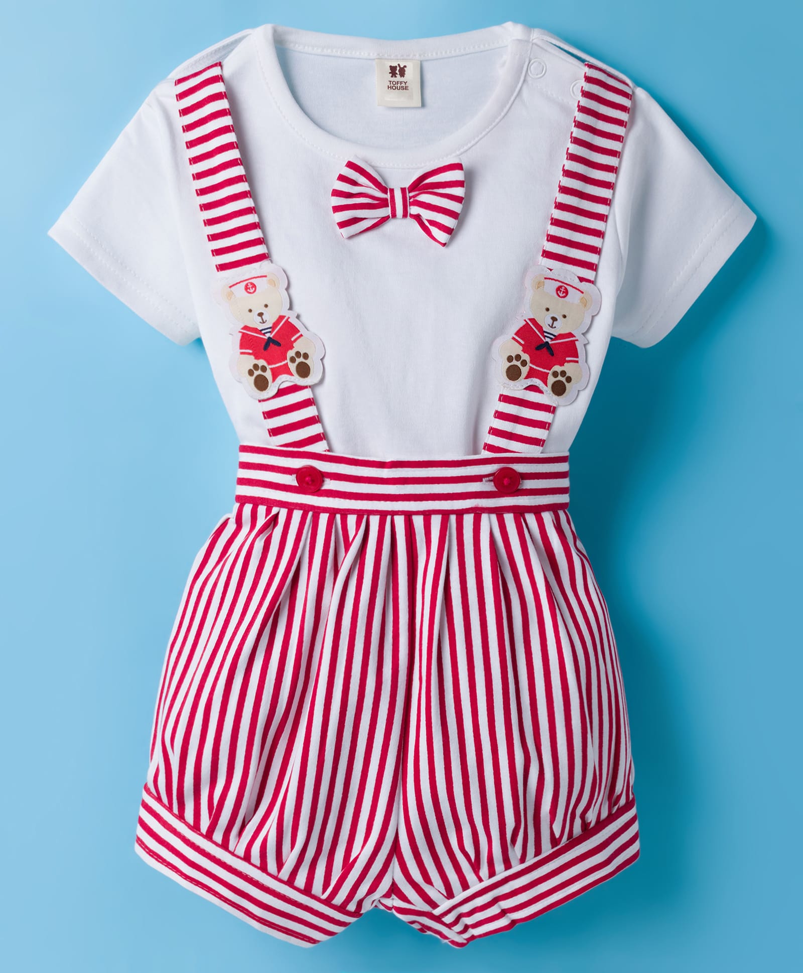 ToffyHouse Cotton Knit Half Sleeves T-Shirt & Striped Shorts With Bow & Teddy Bear Applique - White & Red-picture-18