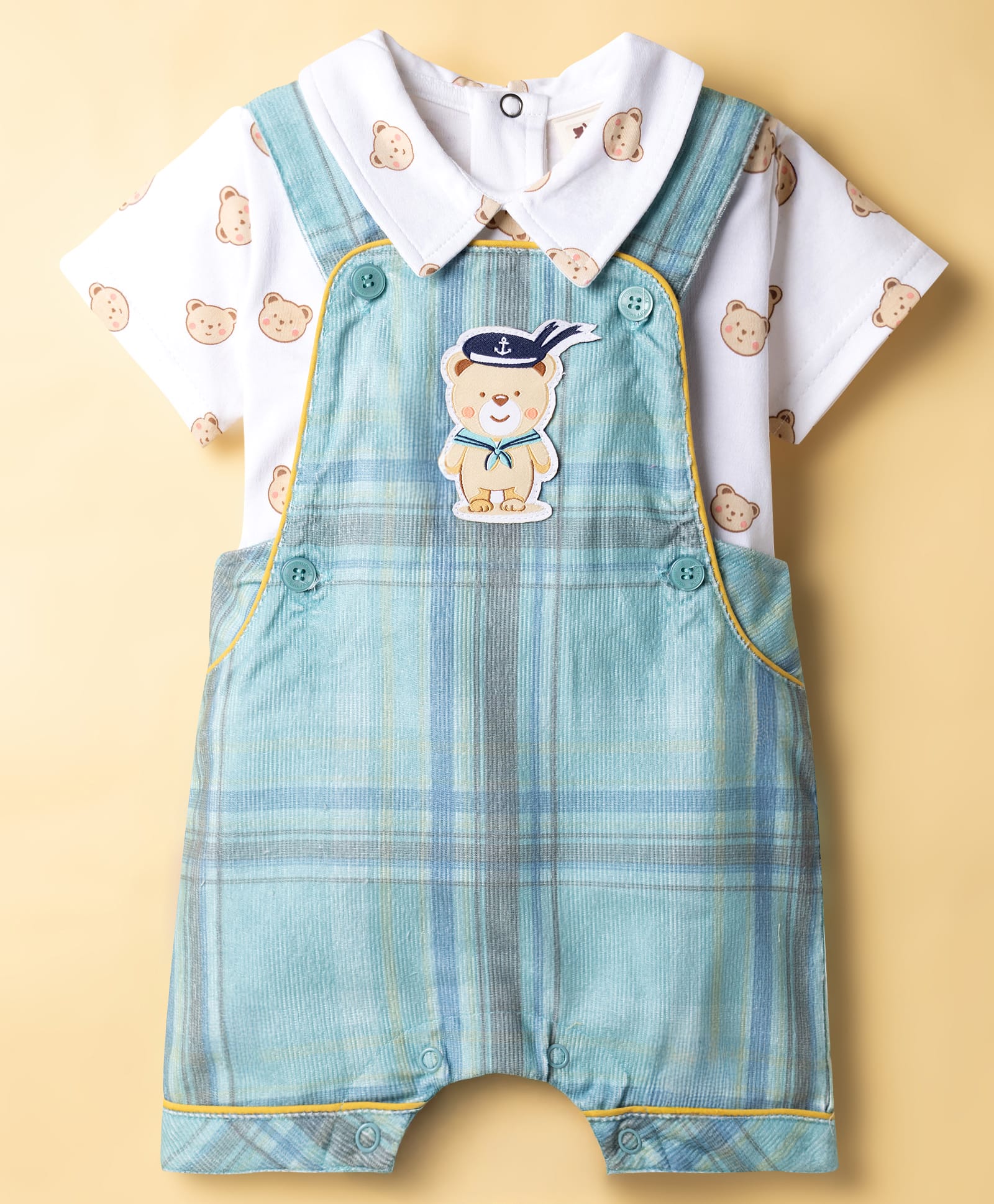 ToffyHouse Cotton Knit Dungaree & Half Sleeves T-Shirt With Teddy Bear Print & Patch - Sea Green-image-30