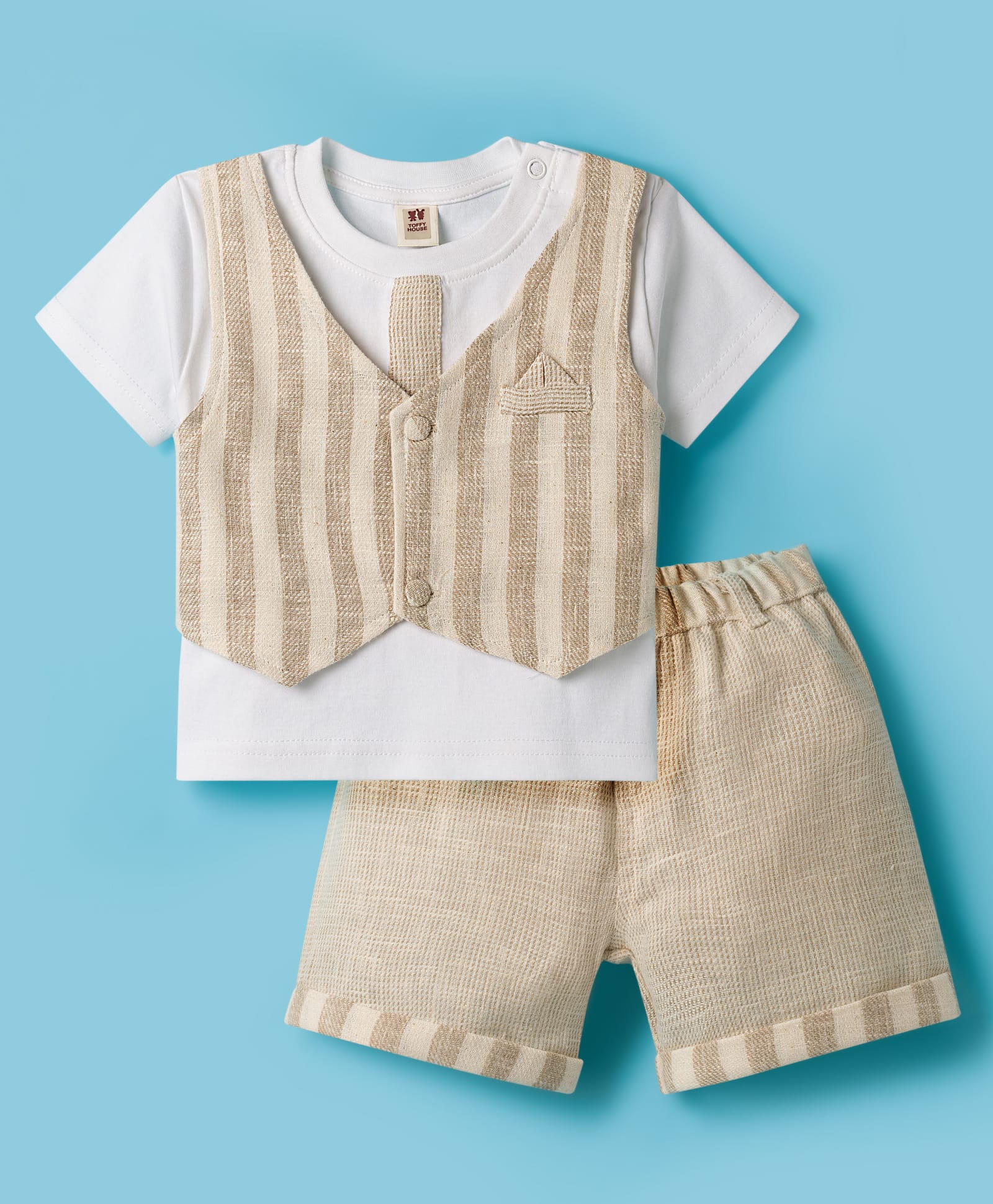 ToffyHouse Cotton Knit Half Sleeves T-Shirt & Shorts With Attached Waistcoat - Beige & White-image-41