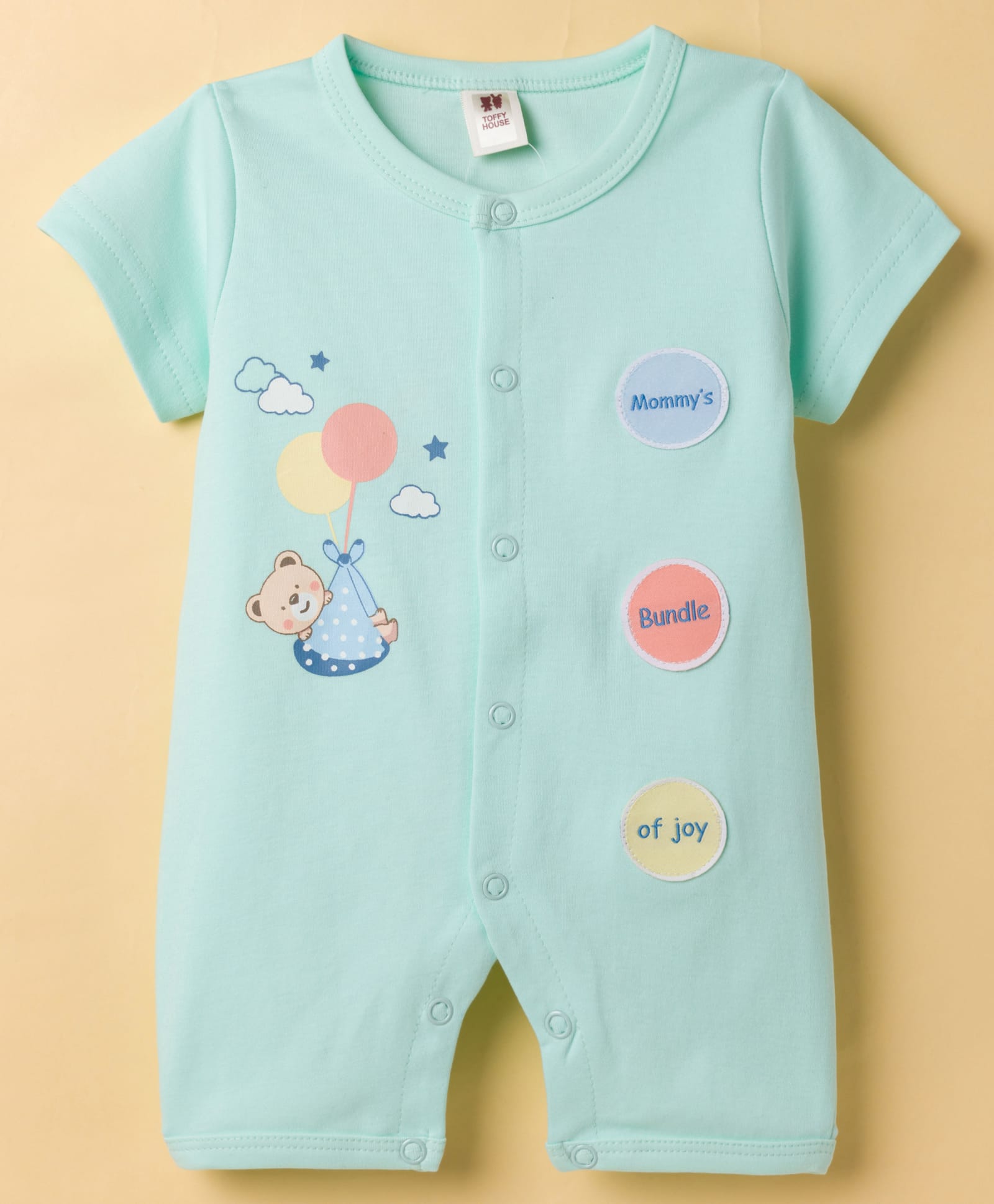 ToffyHouse Cotton Knit Half Sleeves Romper with Teddy Print - Sea Green-image-33