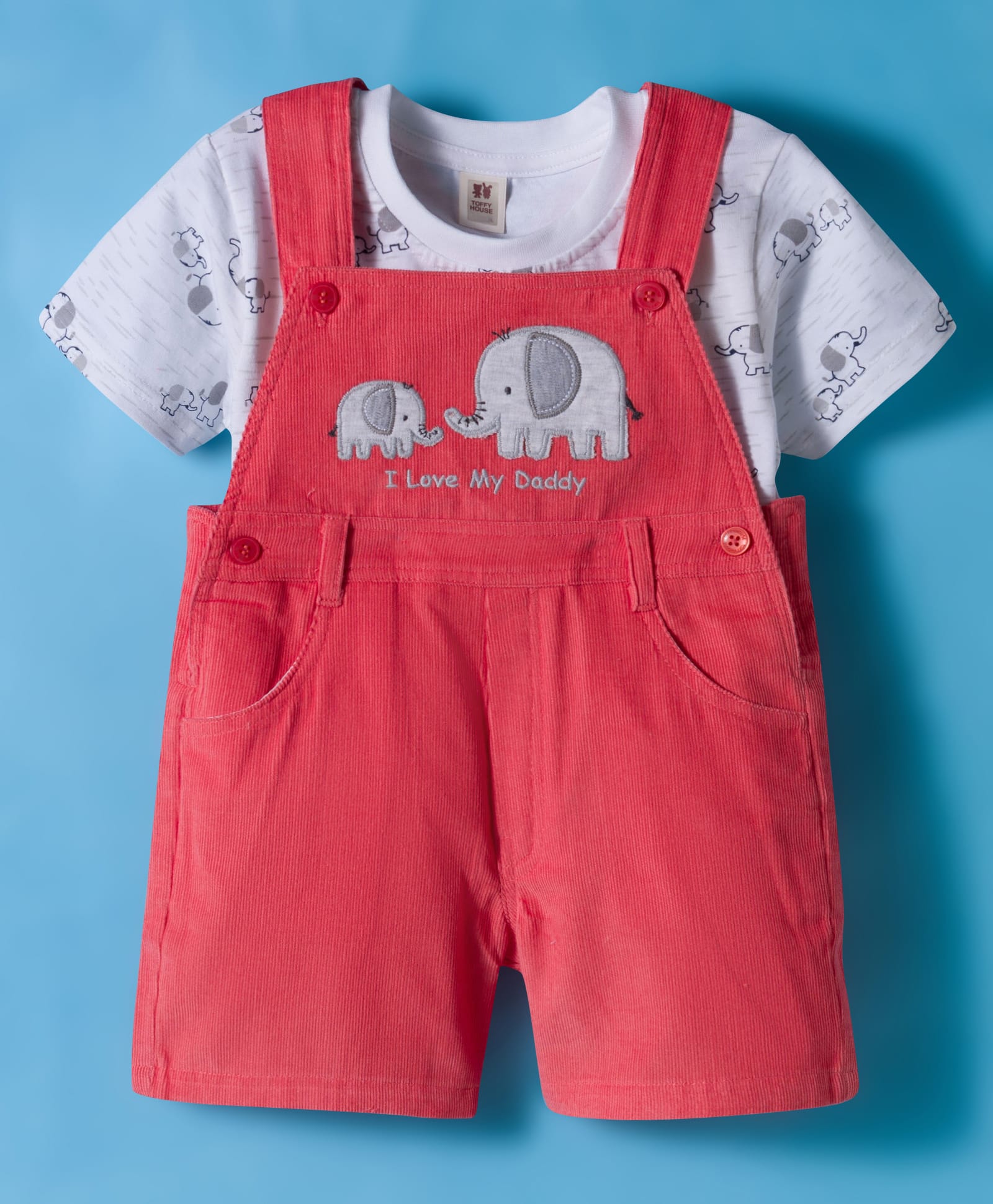 ToffyHouse Interlock Knit Half Sleeves T-Shirt & Dungaree with Elephant Print & Embroidery - White & Coral-image-35