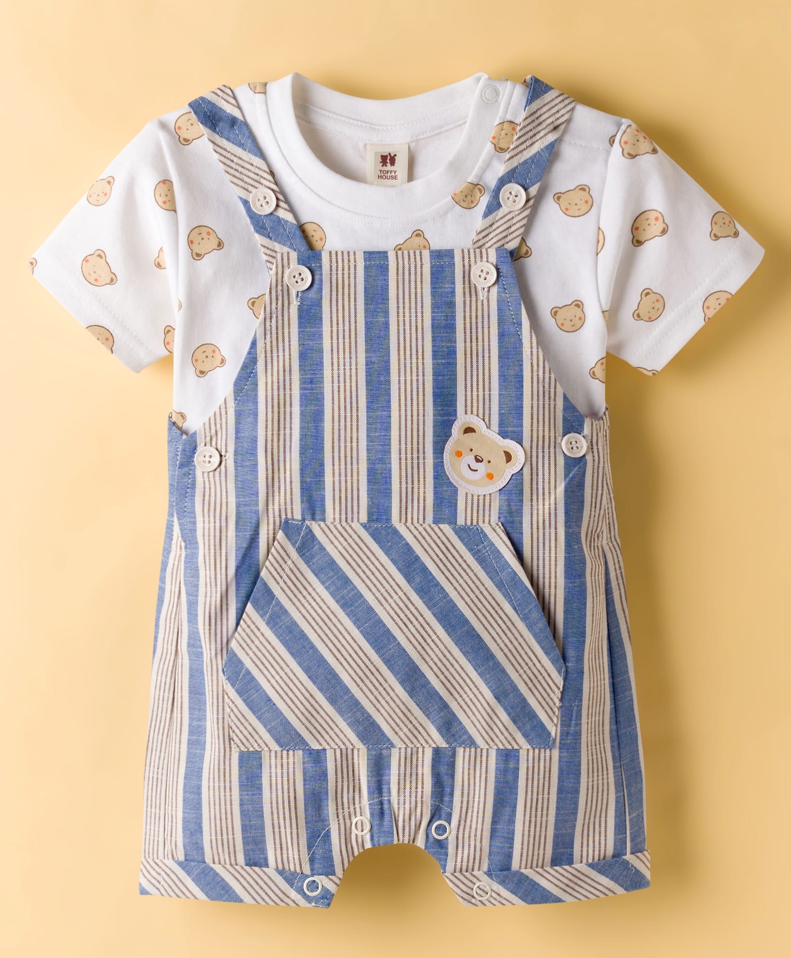 ToffyHouse Interlock Knit Half Sleeves T-Shirt and Dungree Set with Stripes & Teddy Print - White & Navy Blue-image-24