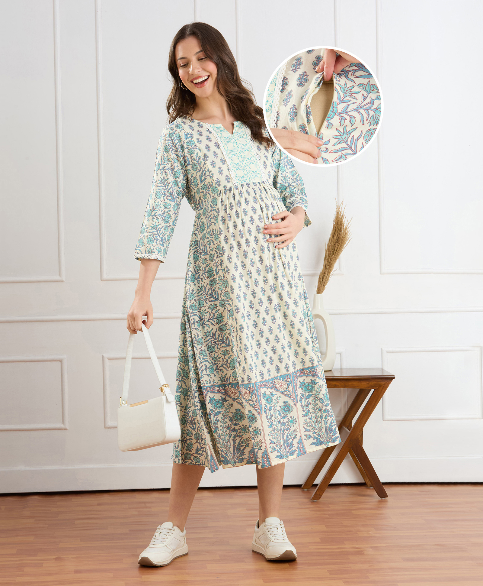 Bella Mama Woven Three Fourth Sleeves Floral Printed Maternity Kurta with Highlighted Neck - White
