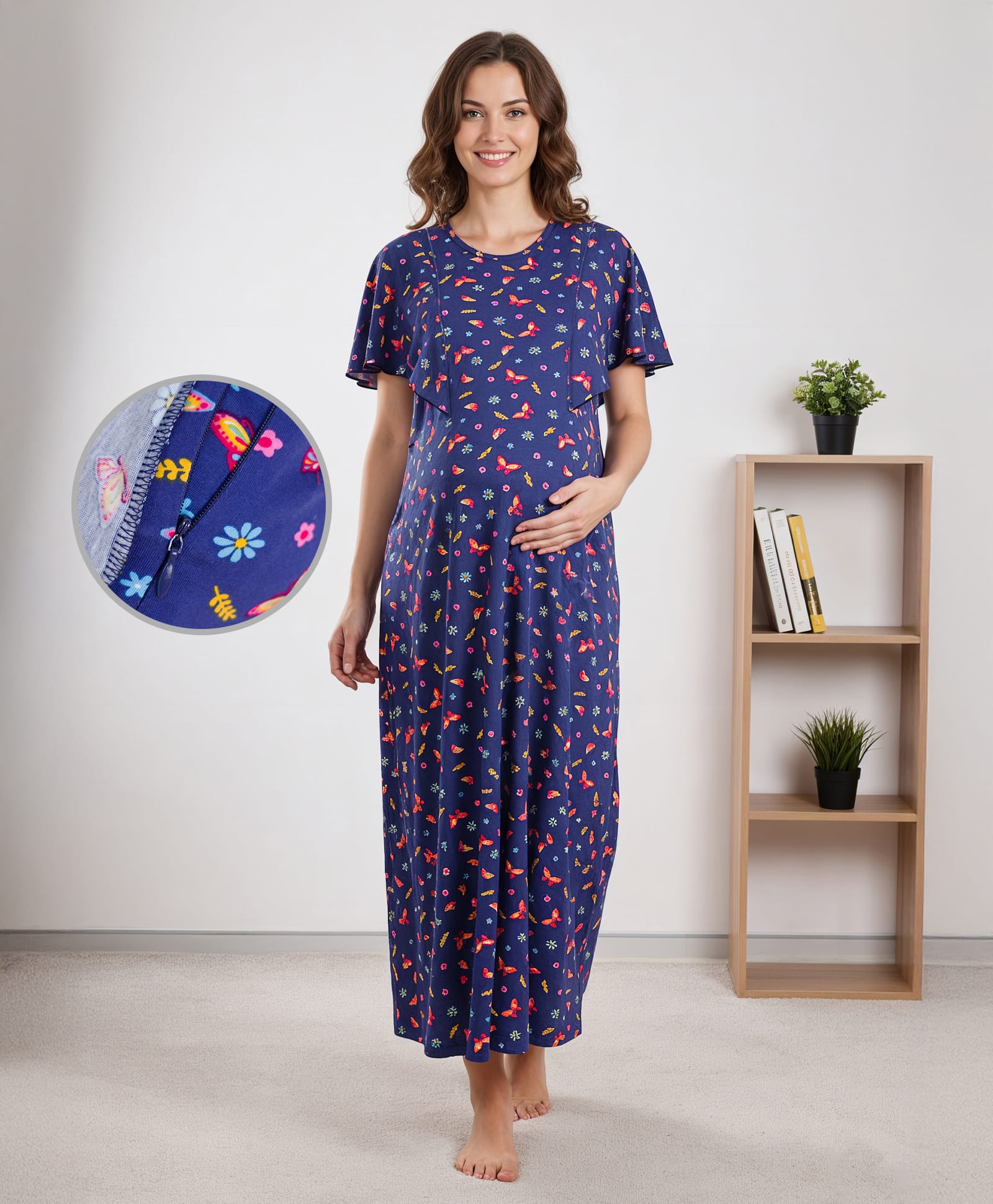 Bella Mama Cotton Knit Half Sleeves Nursing Nighty With Floral Print - Royal Blue-picture-41