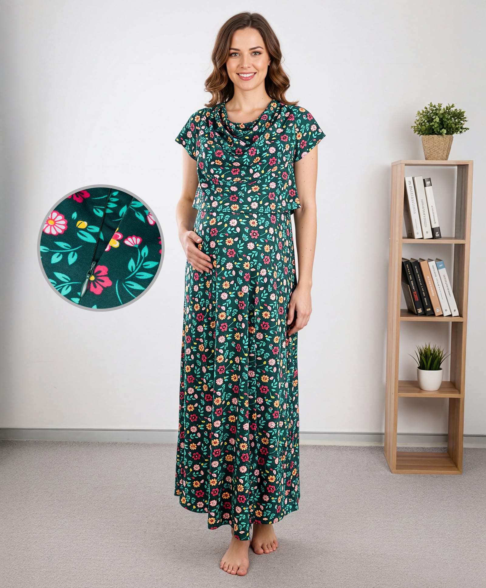 Bella Mama Cotton Knit Half Sleeves Nursing Nighty With Floral Print - Dark Green