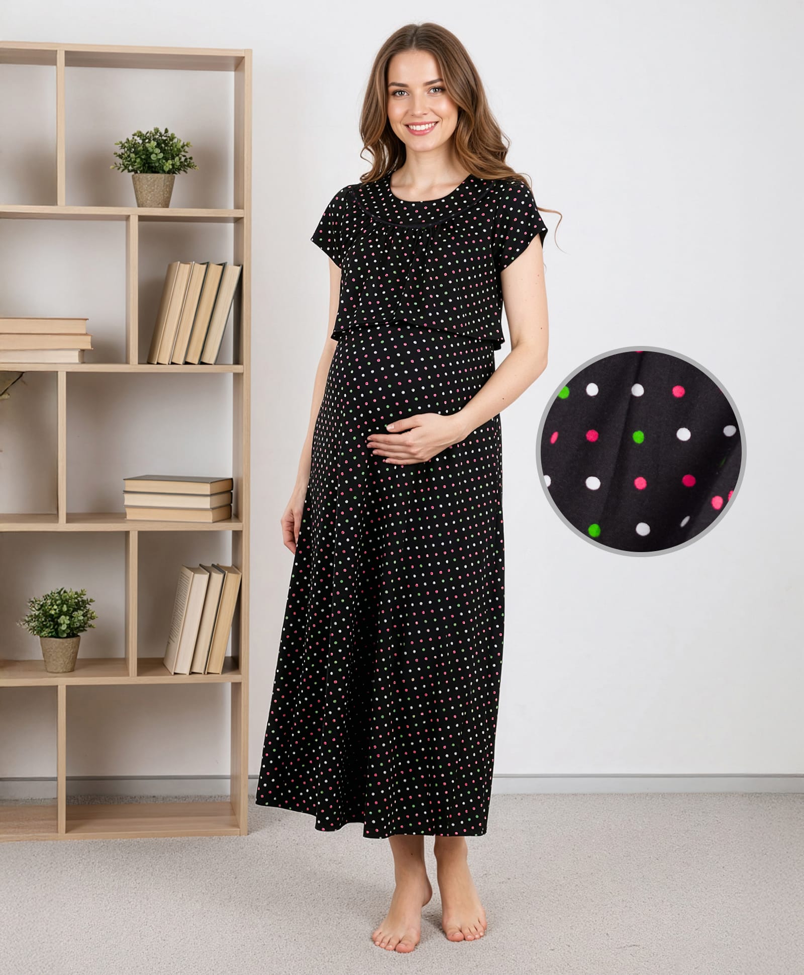 Bella Mama Cotton Knit Half Sleeves Nursing Nighty With Floral Print - Black