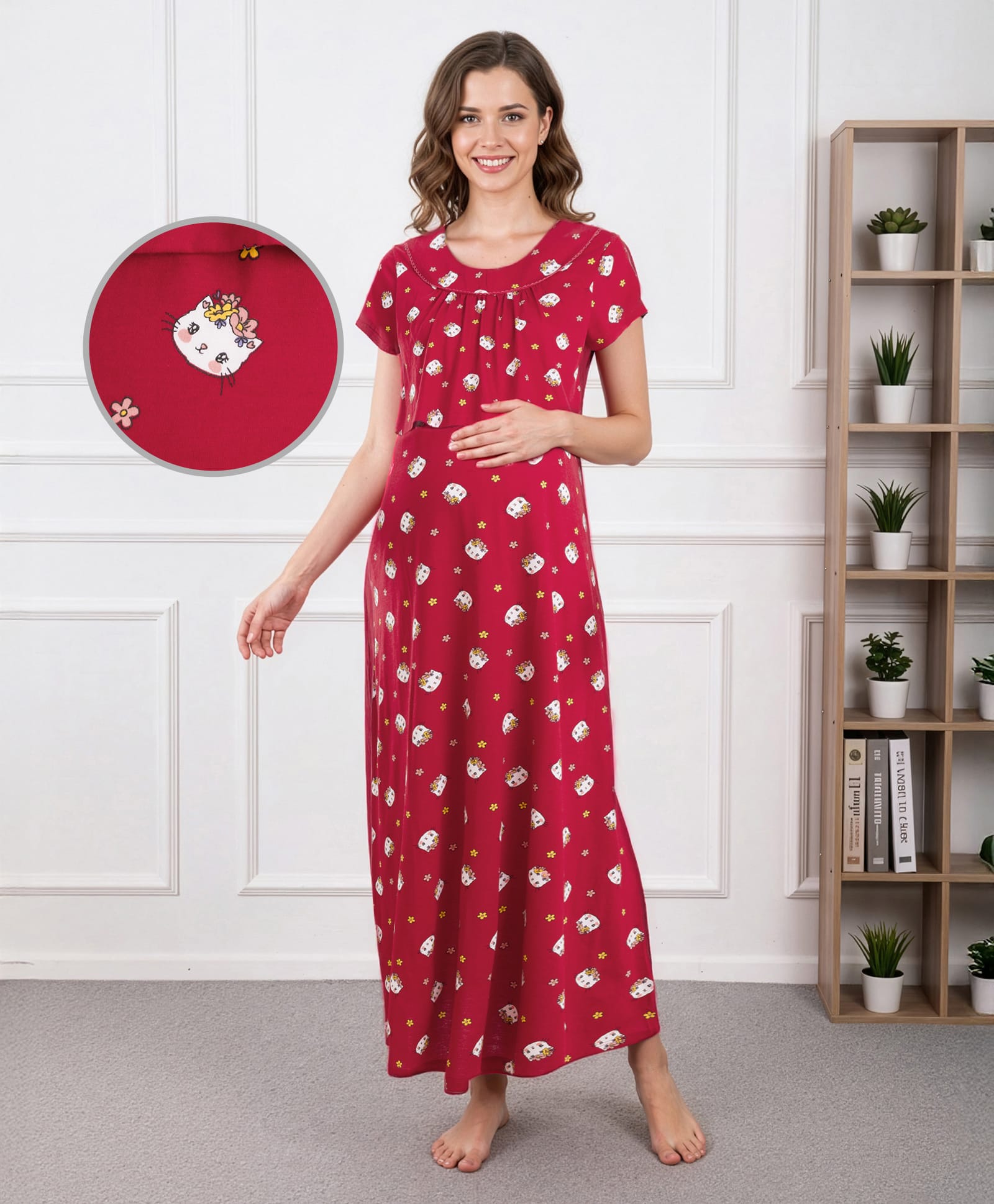 Bella Mama Cotton Knit Half Sleeves Nursing Nighty With Floral Print - Red