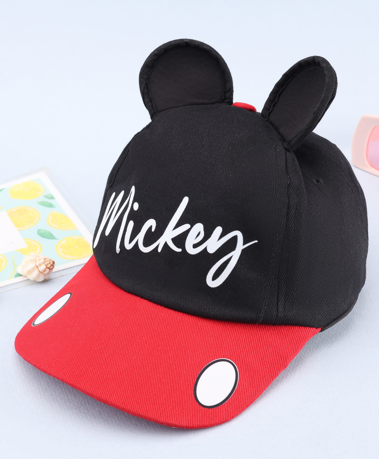 Babyhug Disney Cotton Woven Summer Cap with Mickey Mouse Graphic & 3D Ear Black - Diameter 16.5 cm
