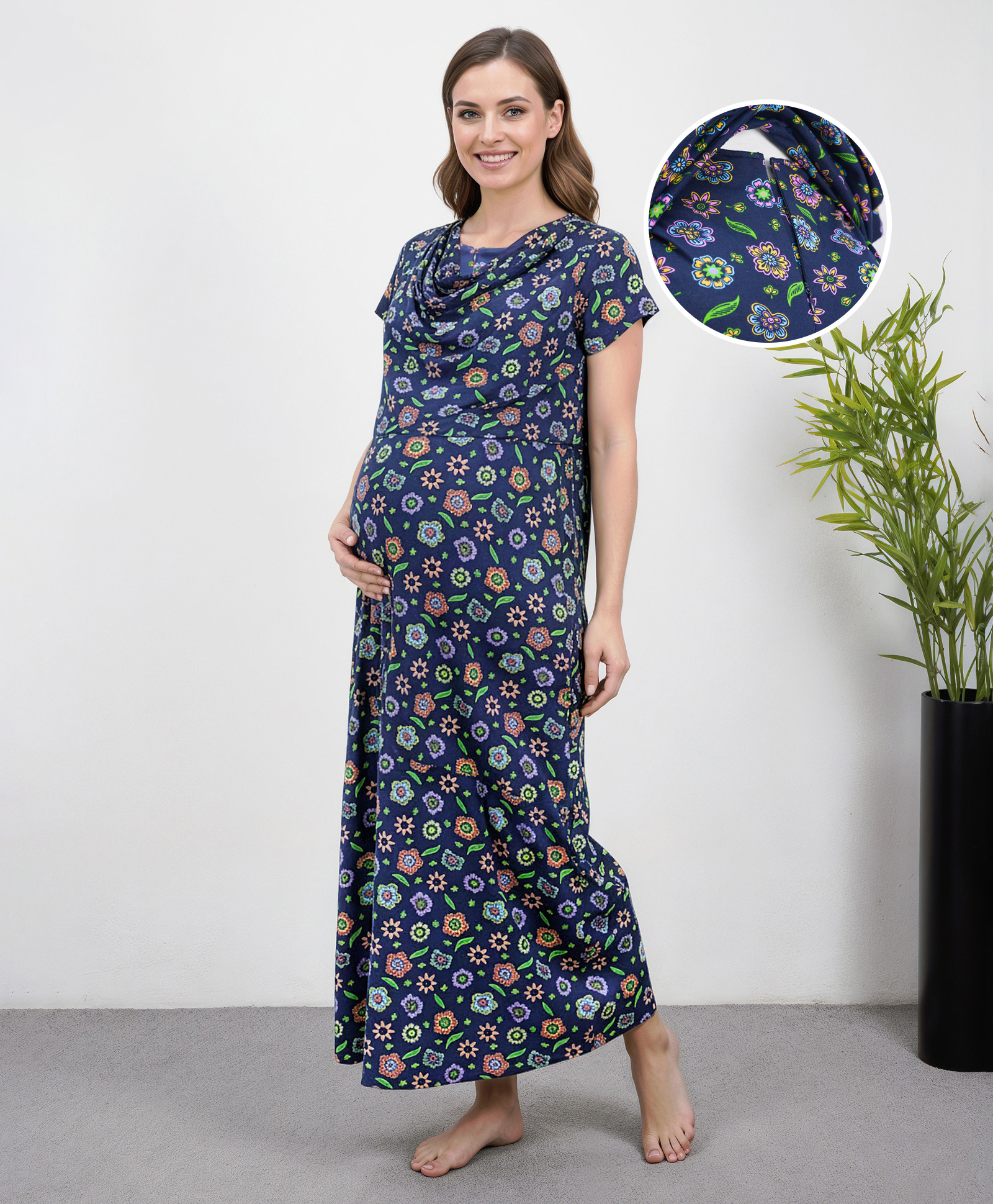Bella Mama Cotton Knit Half Sleeves Nursing Nighty with Concealed Zipper Floral Print & Pocket Detailing - Navy Blue-image-48