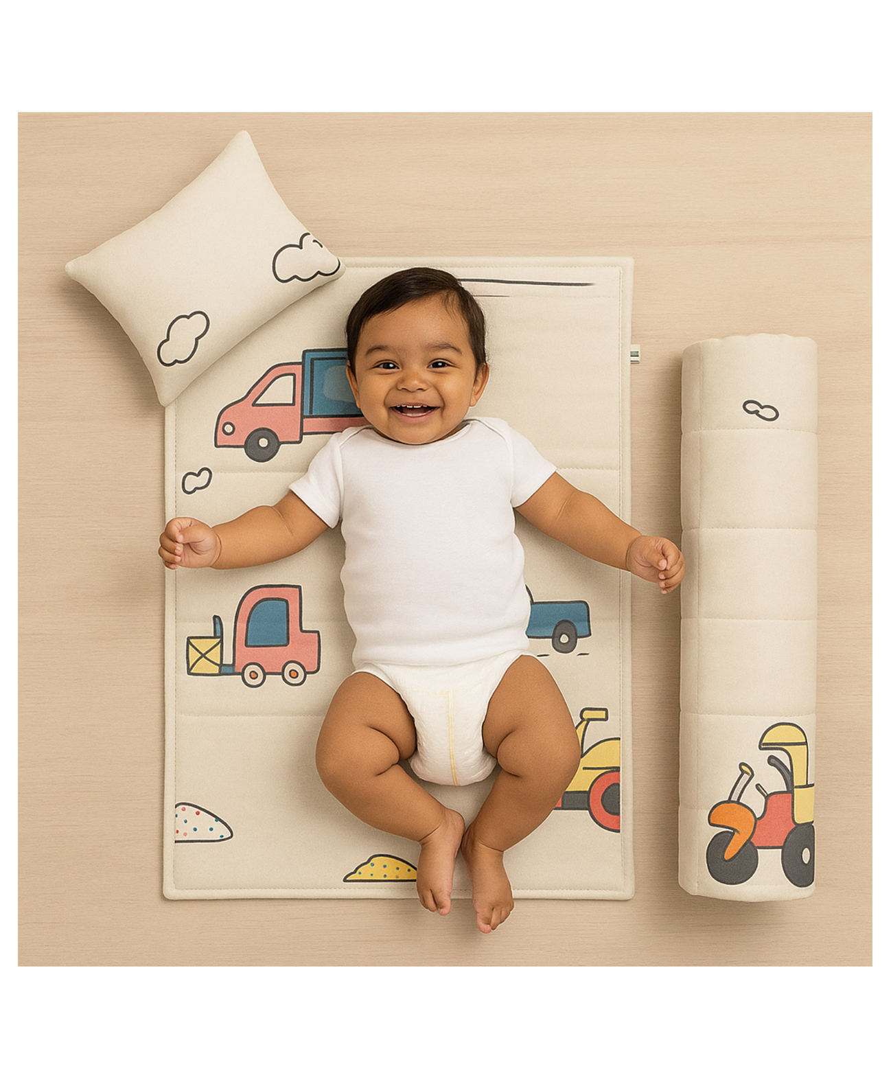 Zikku 3 in 1 Baby Bedding Set ( Quilt + Pillow + Diaper changing pad) - Car Print, Off White-picture-22