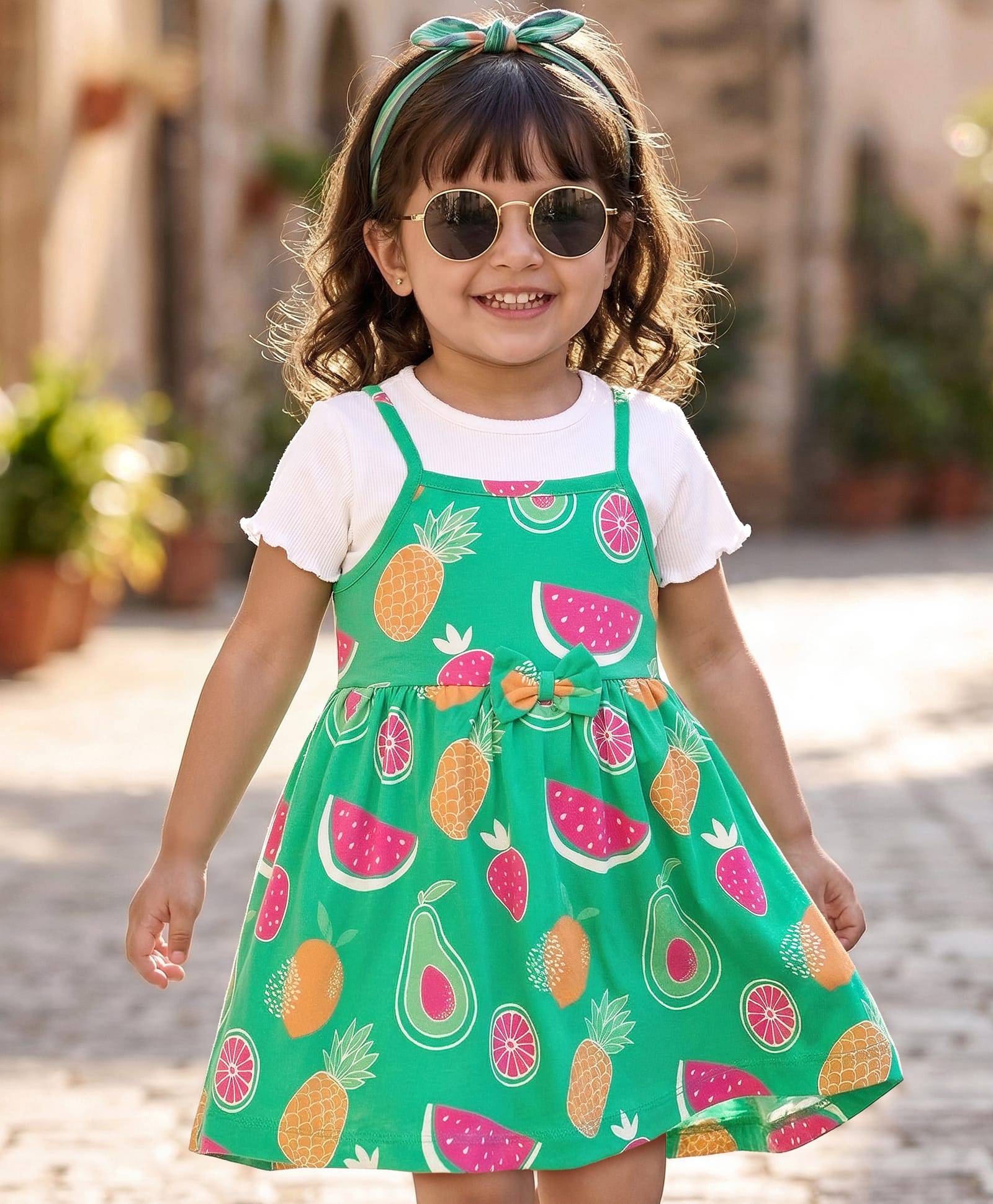Babyhug Single Jersey Knit Frock & Half Sleeves Inner Tee With Fruit Print & Bow Applique - Green-picture-32