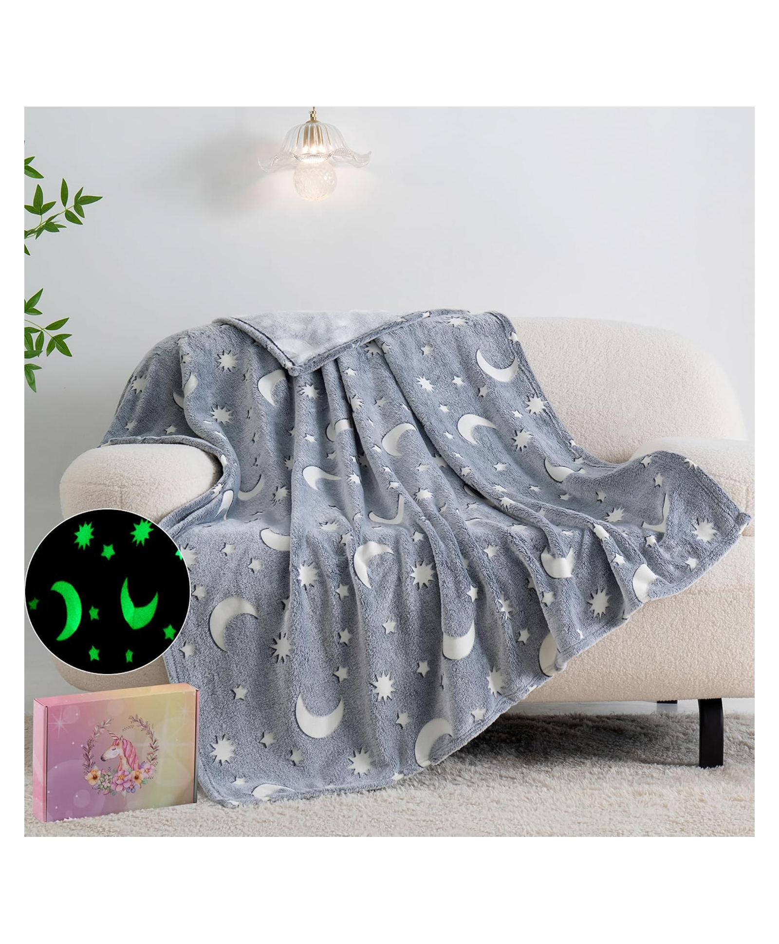 Elecart Glow in The Dark Moon Star Blanket for Kids Super Soft Flannel Moon Star Blanket | Lightweight Plush Cozy Throw for Girls & Boys | Warm All Season Cartoon Blanket-picture-0