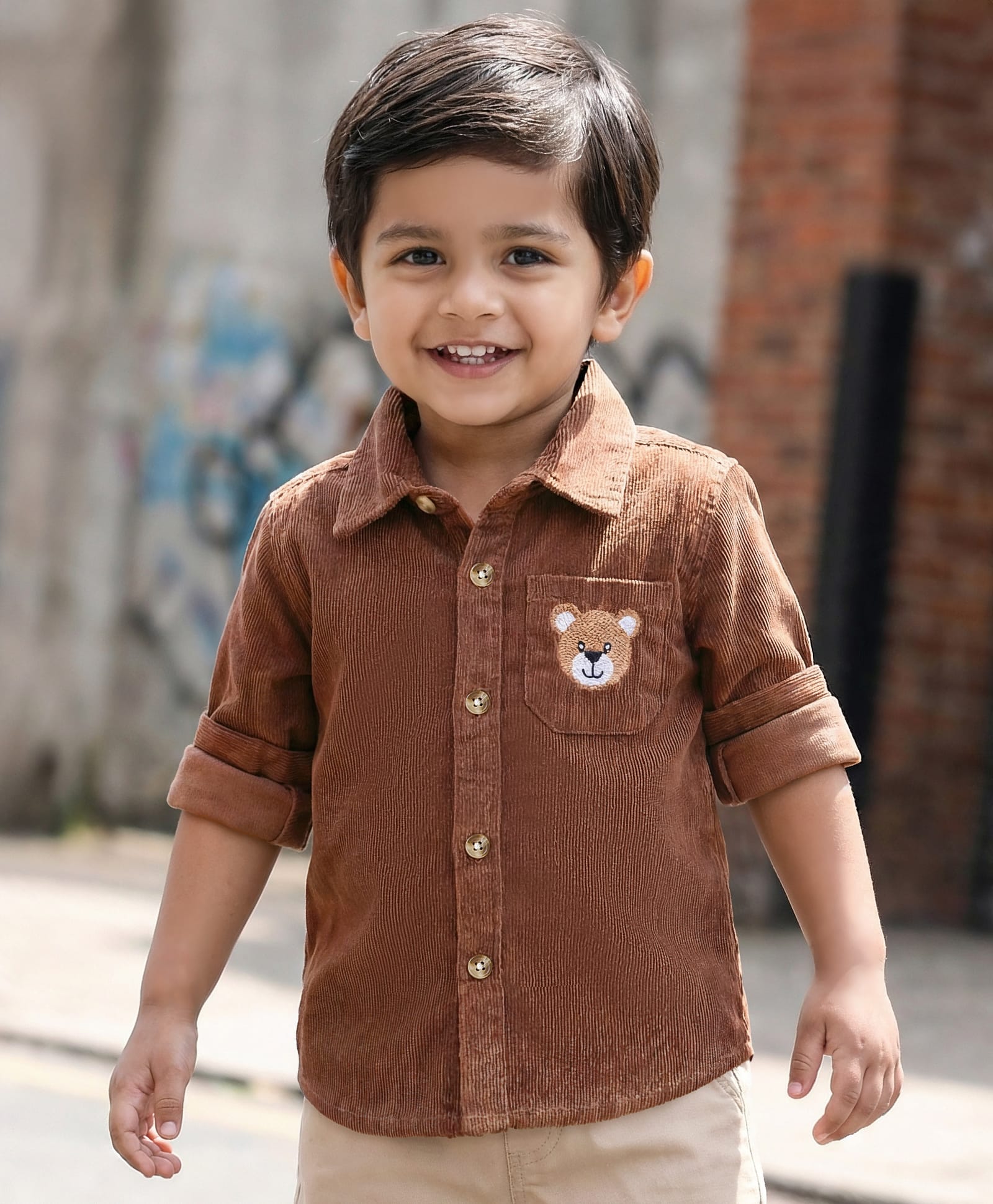 Babyhug Cotton Woven Full Sleeve Solid Colour Corduroy Shirt with Bear Embroidery - Brown