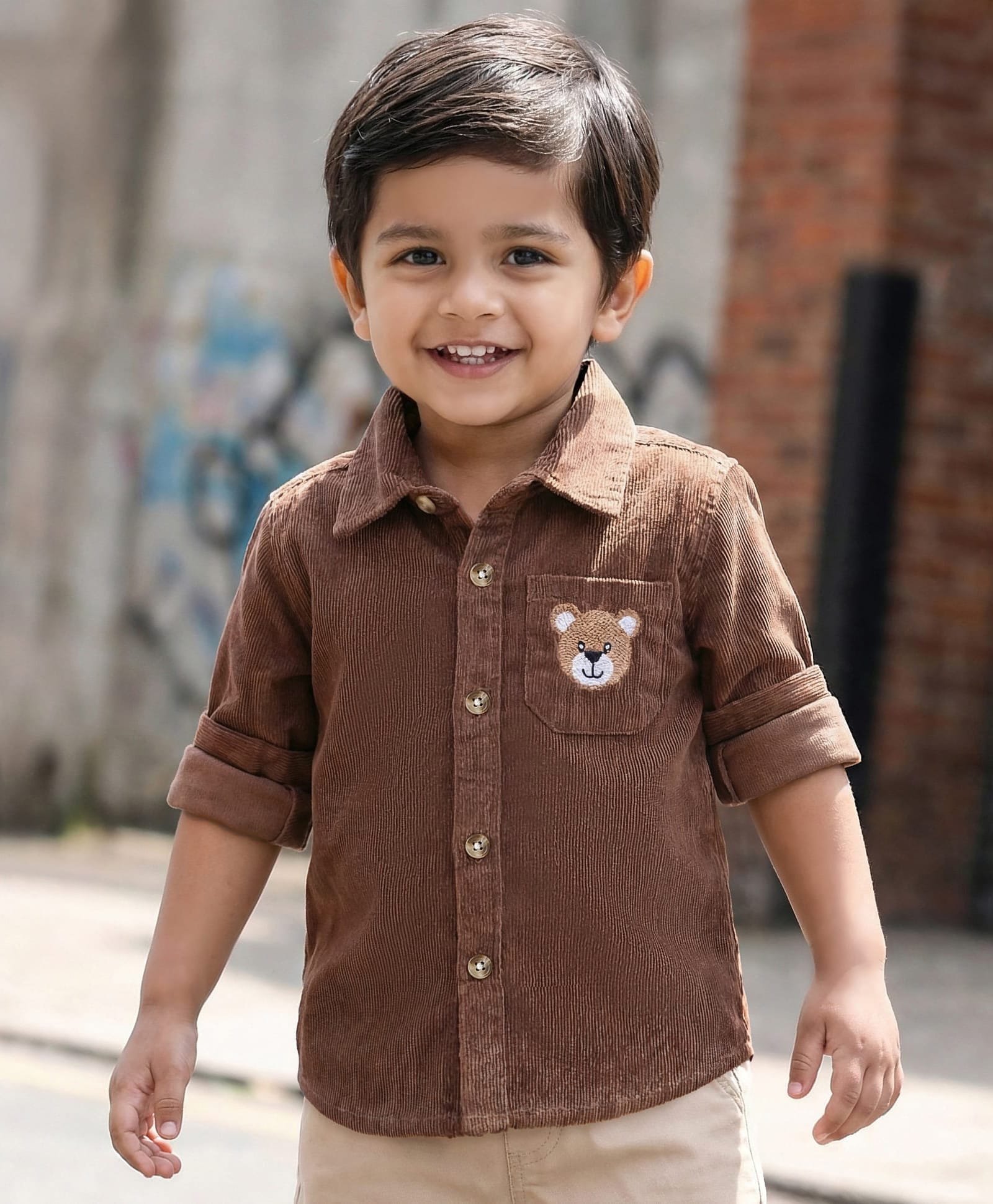 Babyhug Cotton Woven Full Sleeve Solid Colour Corduroy Shirt with Bear Embroidery - Brown-image-37