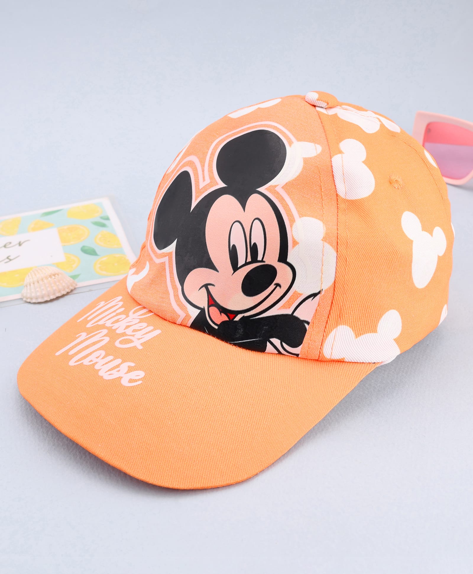 Babyhug Disney Cotton Woven Summer Cap With Mickey Mouse Graphics Yellow - Diameter 17 cm
