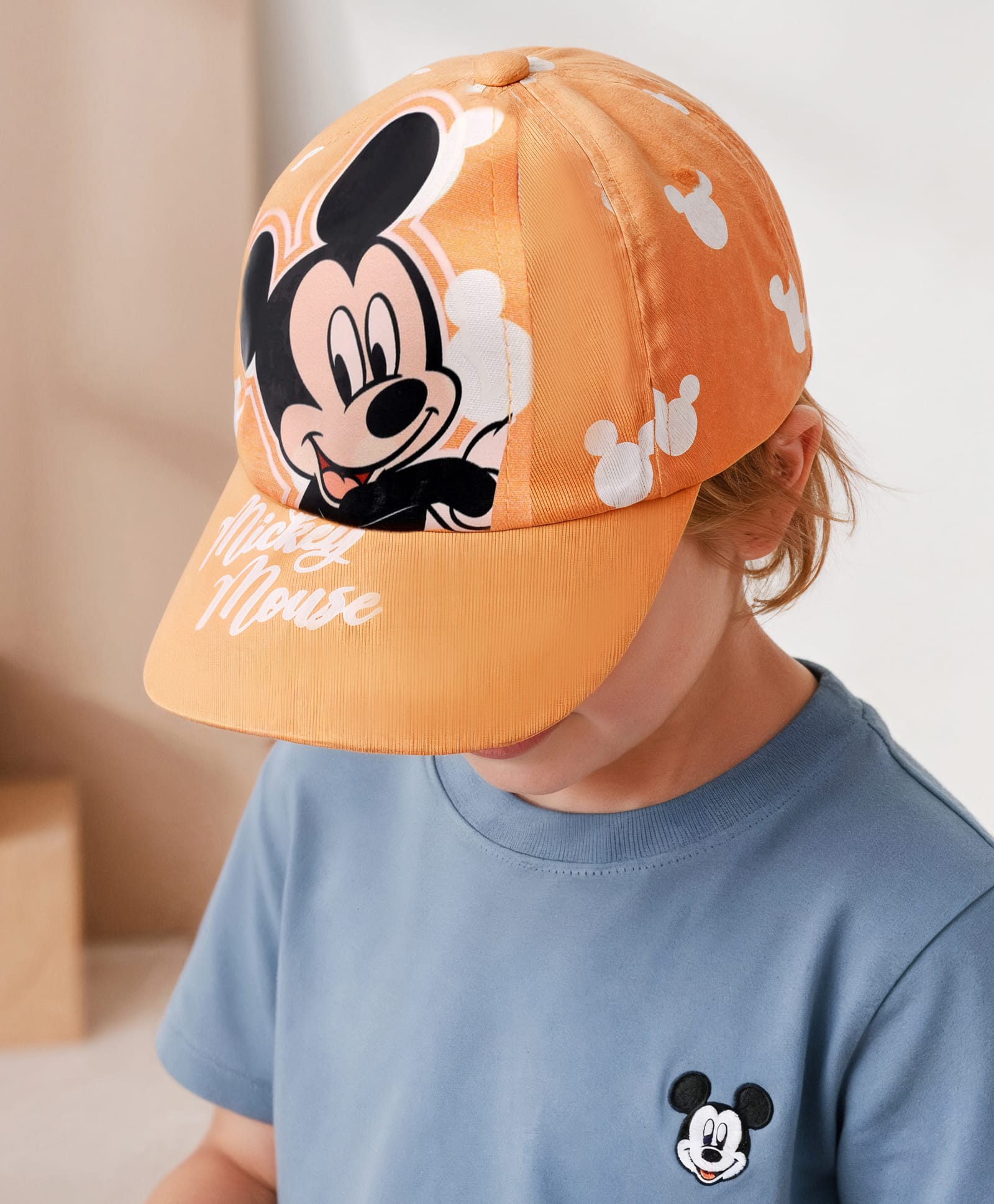 Babyhug Disney Cotton Woven Summer Cap With Mickey Mouse Graphics Yellow - Diameter 19 cm