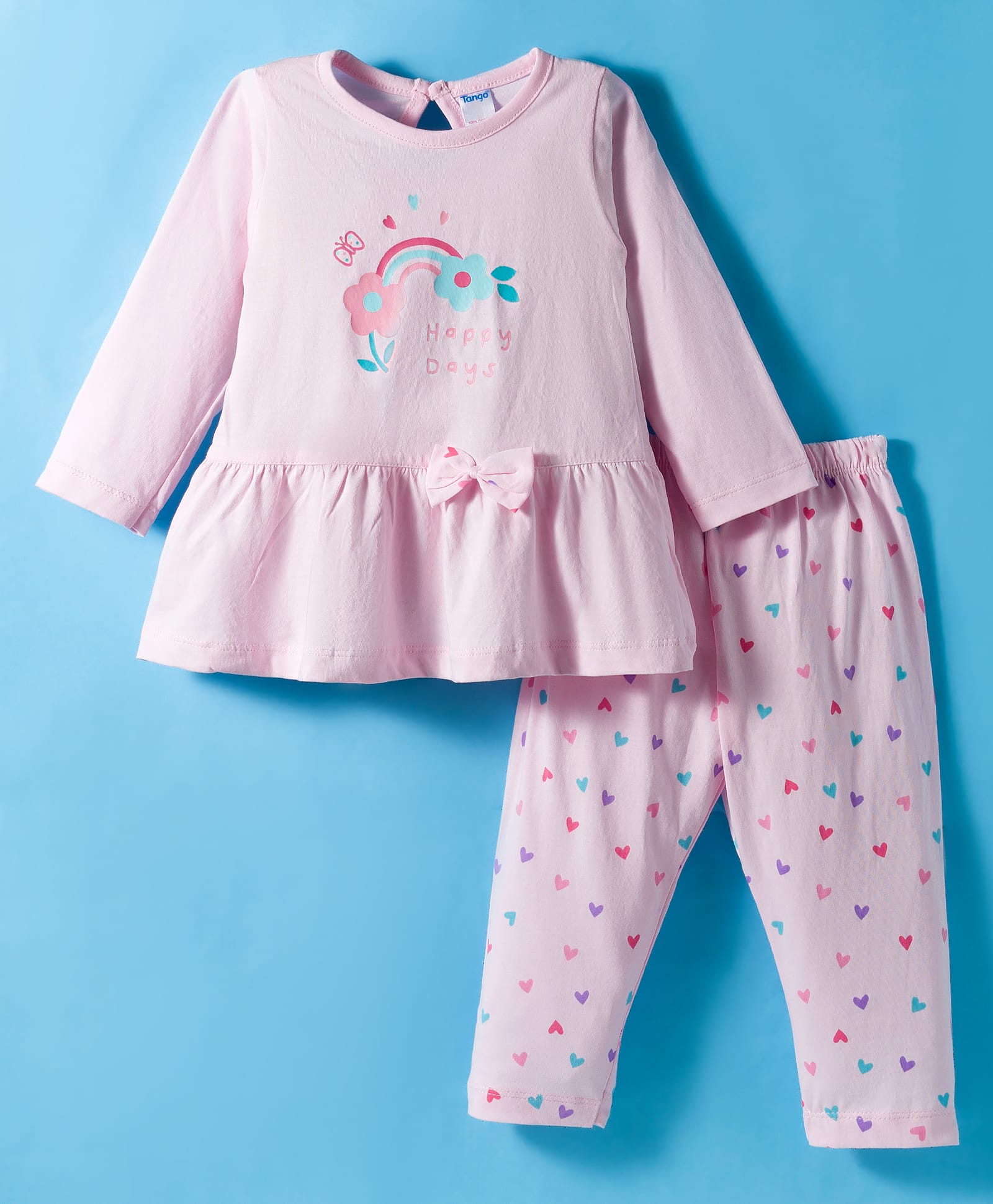 Tango Single Jersey Knit Full Sleeves Top & Leggings Set With Floral Print & Bow Applique - Pink-image-39