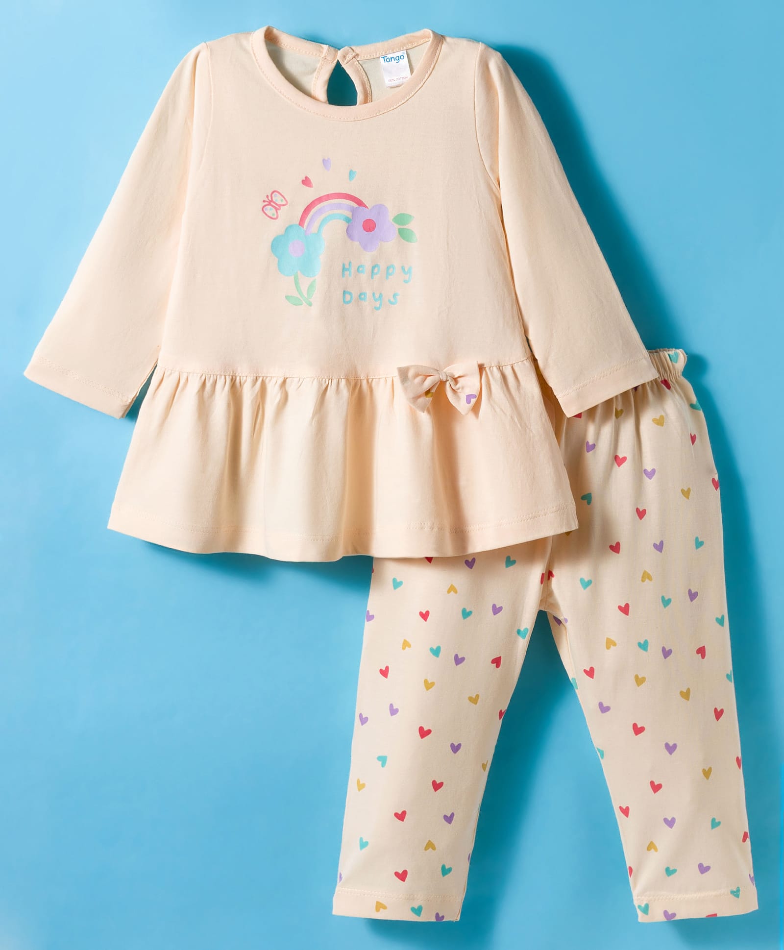 Tango Single Jersey Knit Full Sleeves Top & Leggings Set With Floral Print & Bow Applique - Cream-picture-11