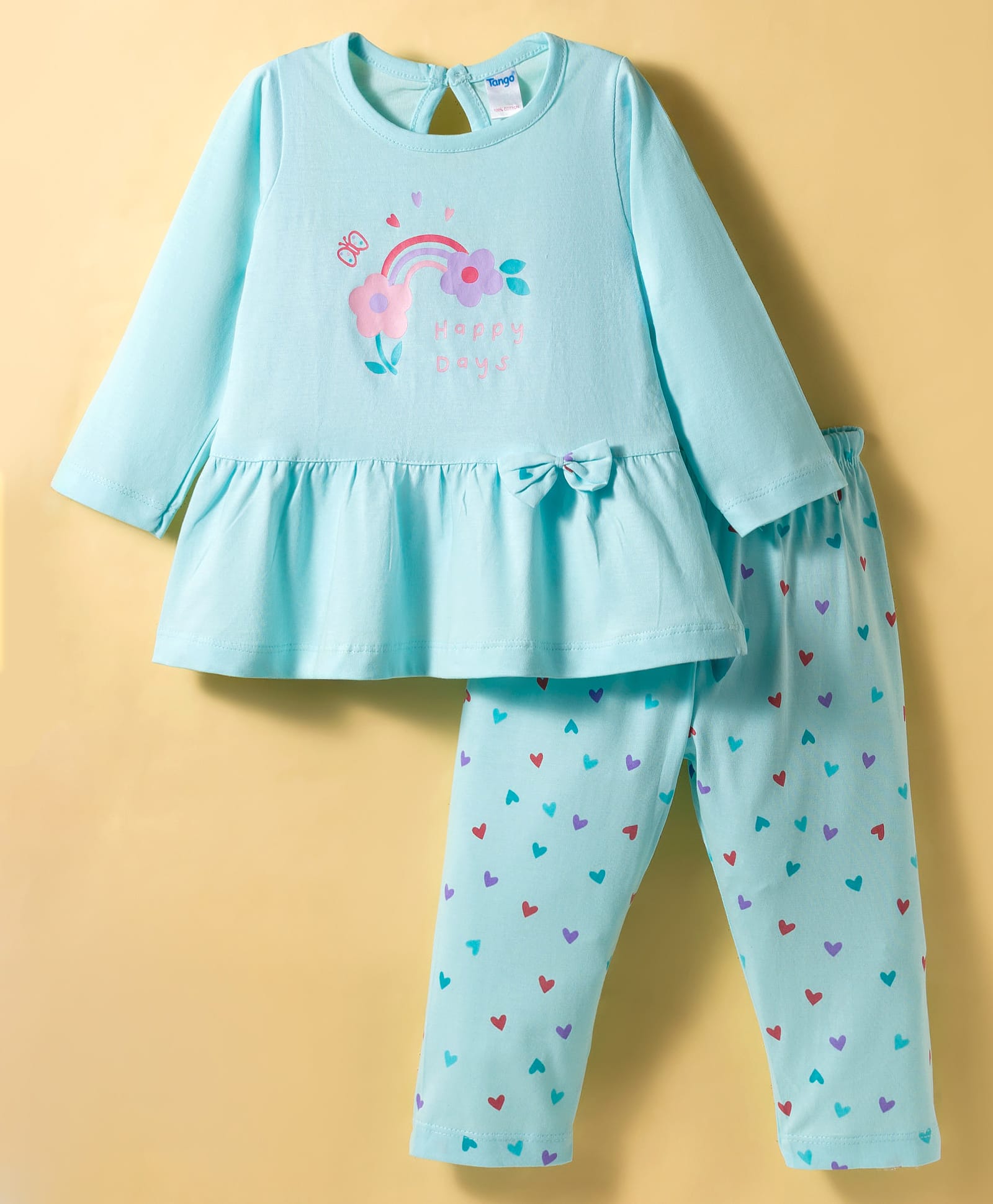Tango Single Jersey Knit Full Sleeves Top & Leggings Set With Floral Print & Bow Applique - Aqua-image-41
