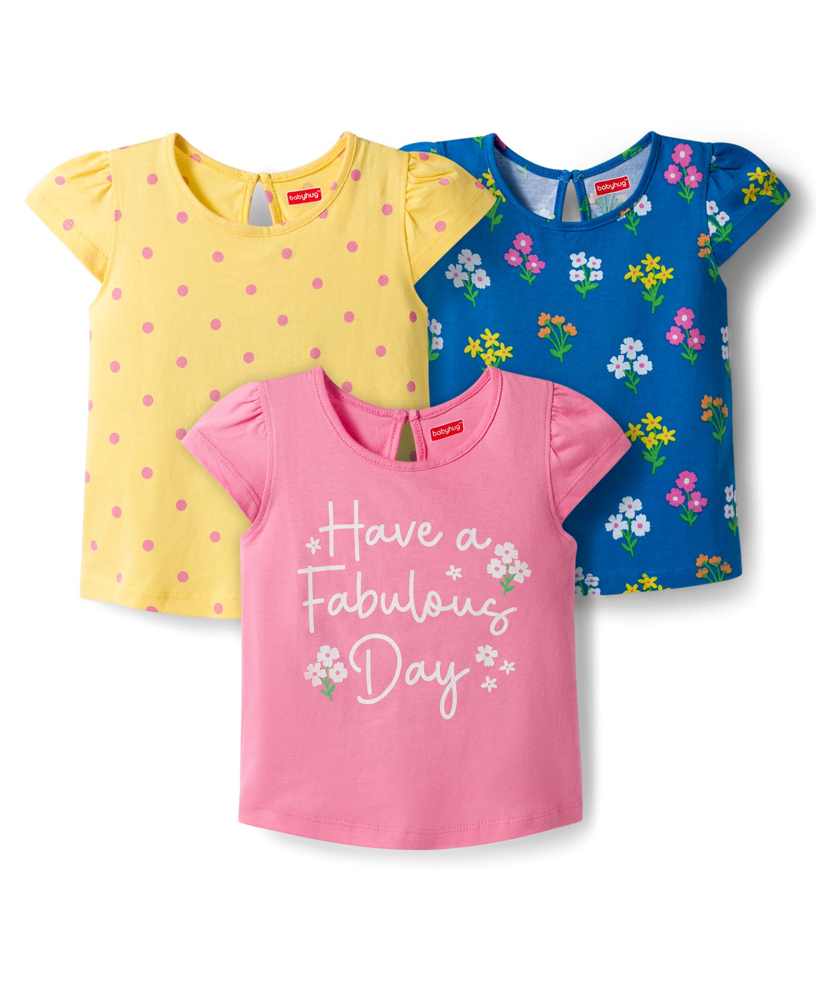 Babyhug 100% Cotton Knit Half Sleeves T-Shirts With Floral & Polka Dot Print Pack of 3 - Pink Navy Blue & Yellow-picture-18