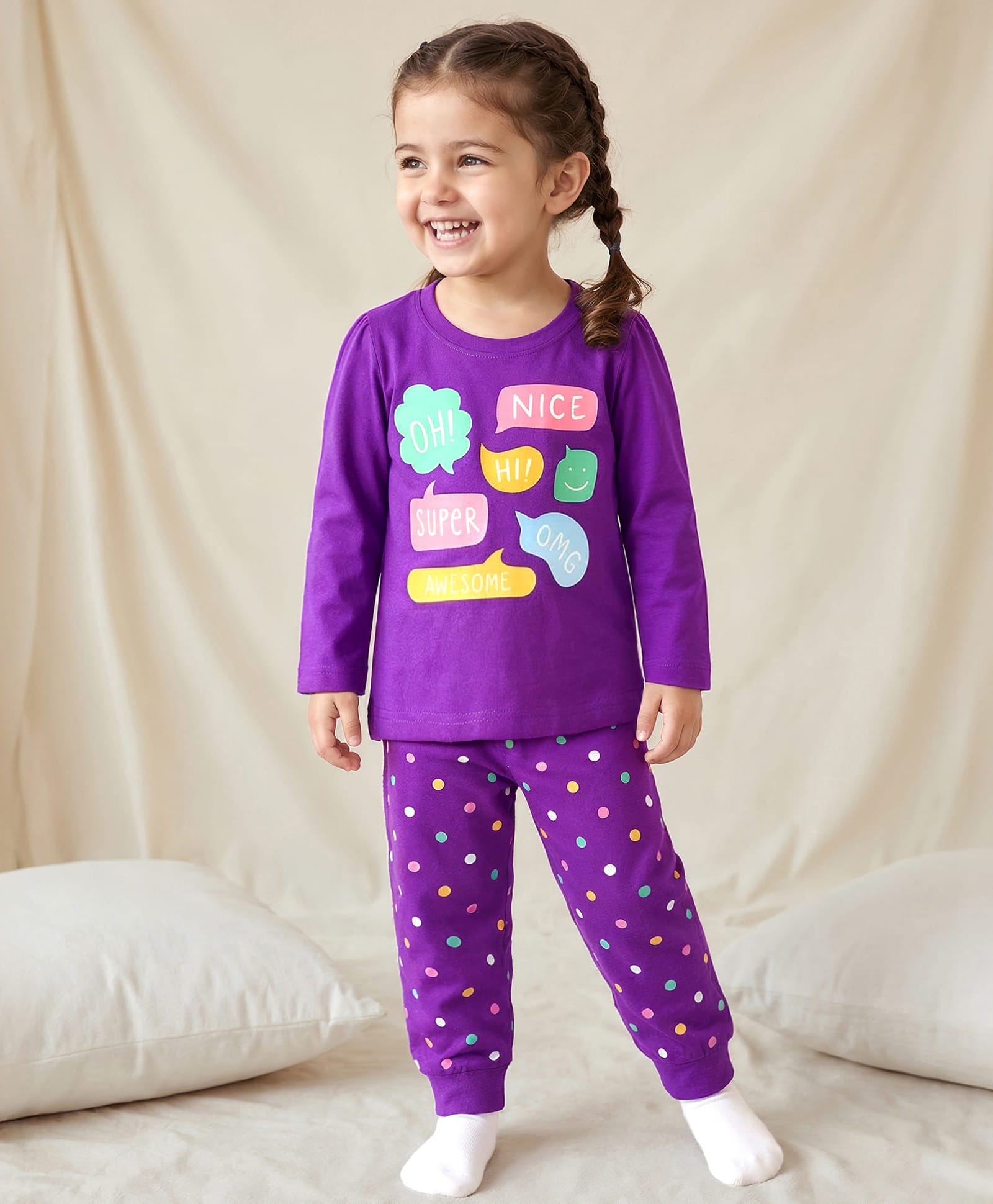Babyhug Knit Full Sleeves Night Suit With Text Print - Purple-image-25