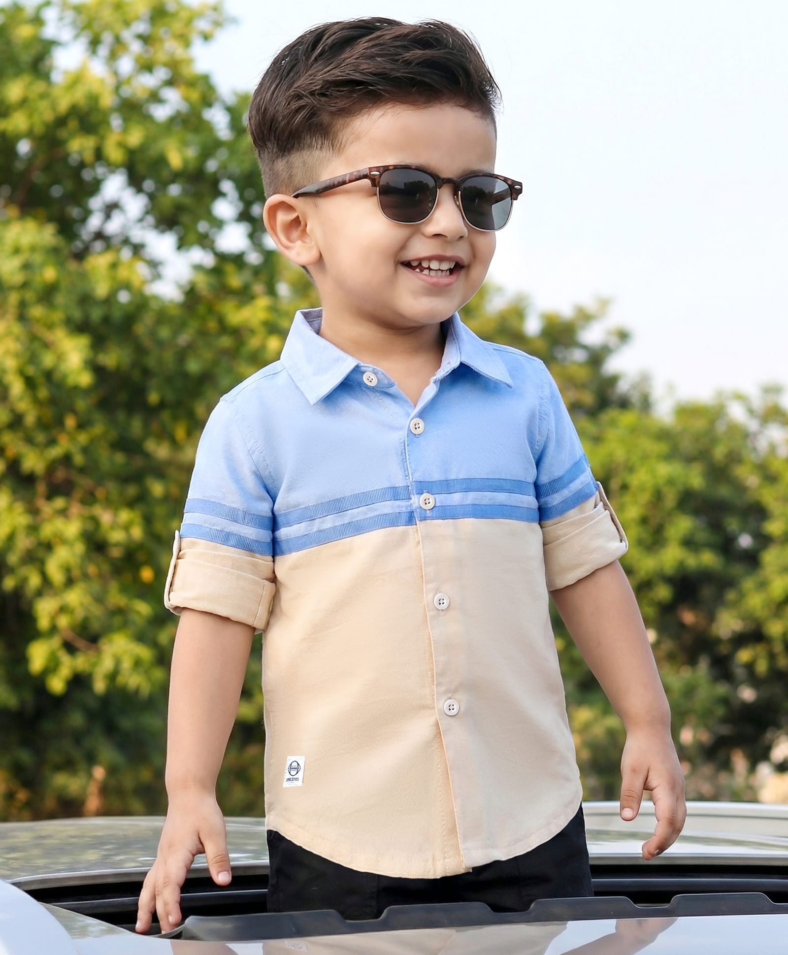 Babyhug Cotton Woven Full Sleeve Colour Block Solid Shirt- Blue & Beige
