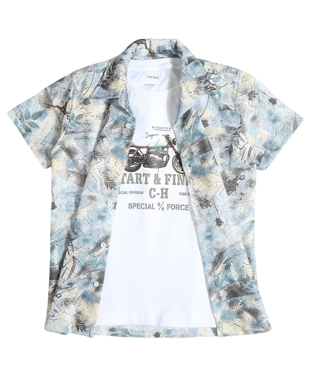 CAVIO Cotton Woven Half Sleeves Abstract Printed Shirt & Tee Set - Light Blue-picture-10