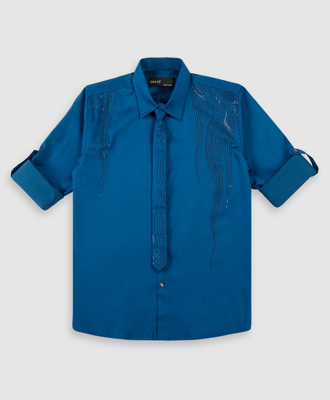 CAVIO Cotton Woven Full Sleeves Stones Embellished Shirt With Tie - Blue-image-14