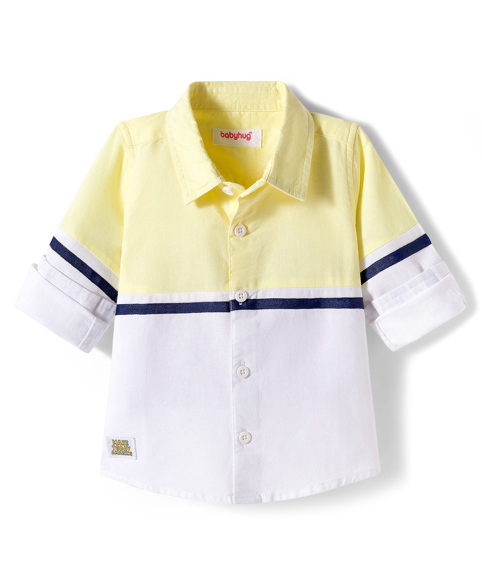 Babyhug Cotton Woven Full Sleeve Cut & Sew Solid Colour Shirt - Yellow & White