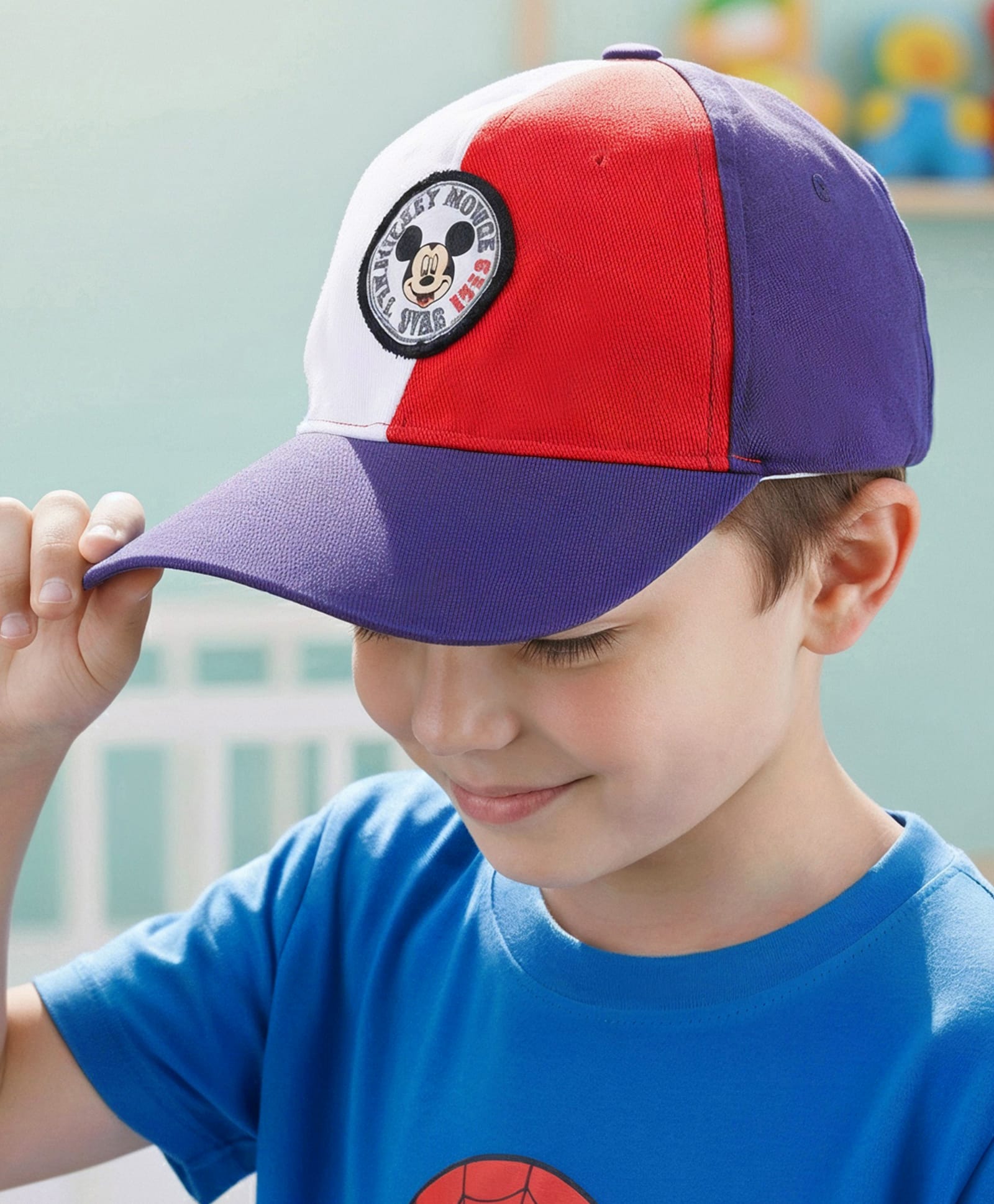 Babyhug Disney Cotton Woven Summer Cap with Mickey Mouse Graphic Multicolor - Diameter 18.5 cm