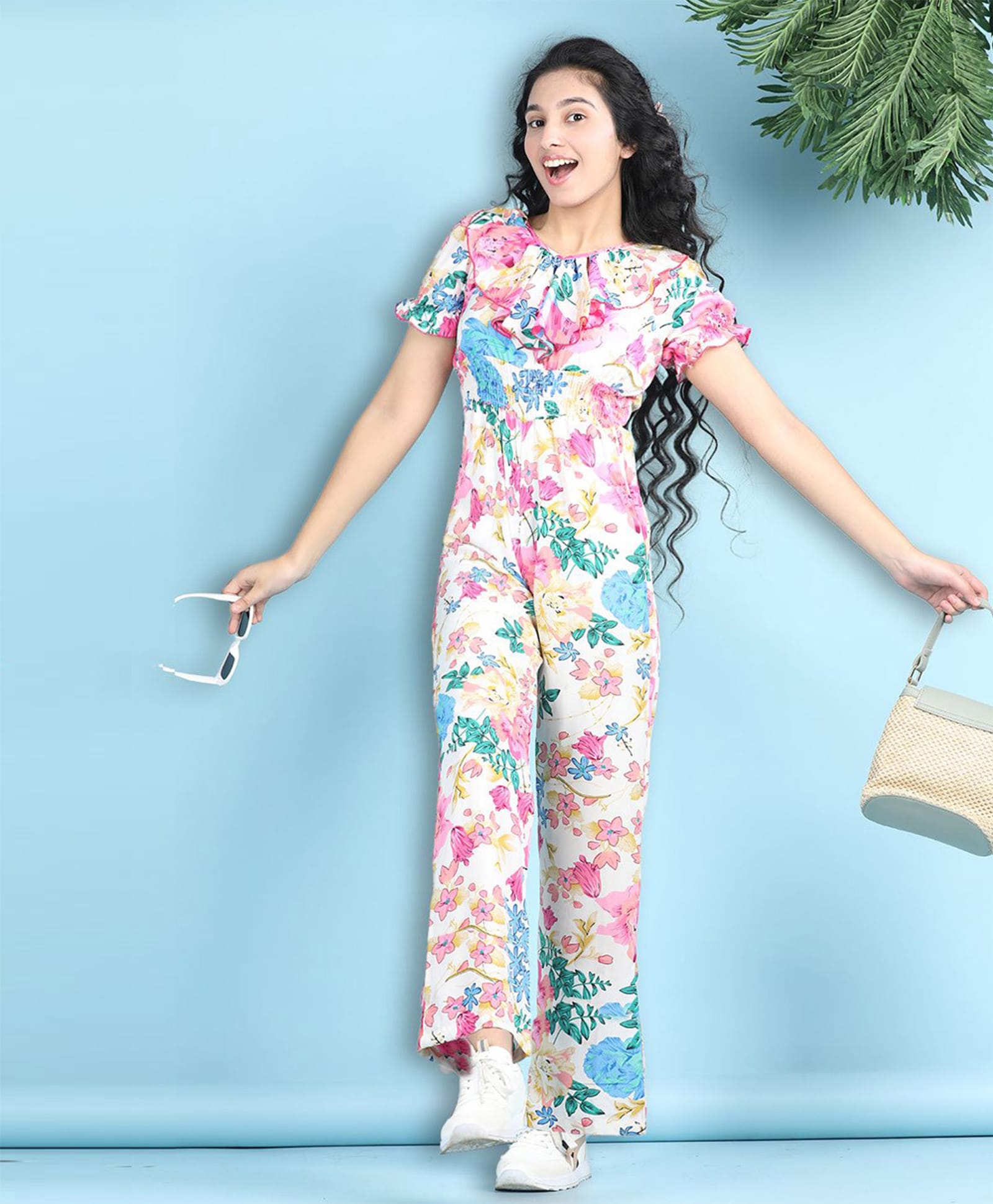 Cutiekins Woven Half Sleeves Floral Printed Jumpsuit - White & Pink-picture-25
