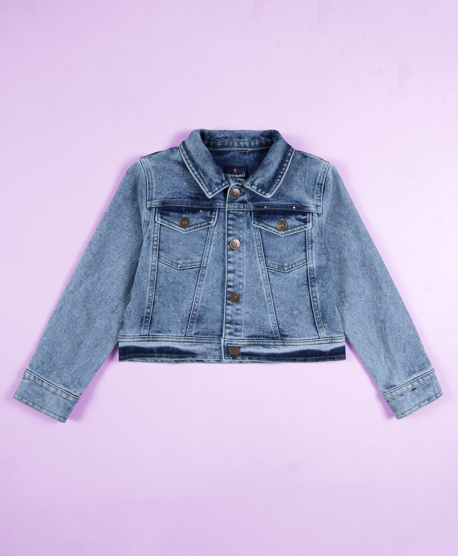 Kiddopanti Denim Woven Full Sleeves Rhinestones Embellished Mild Washed Cropped Jacket - Light Blue-picture-12