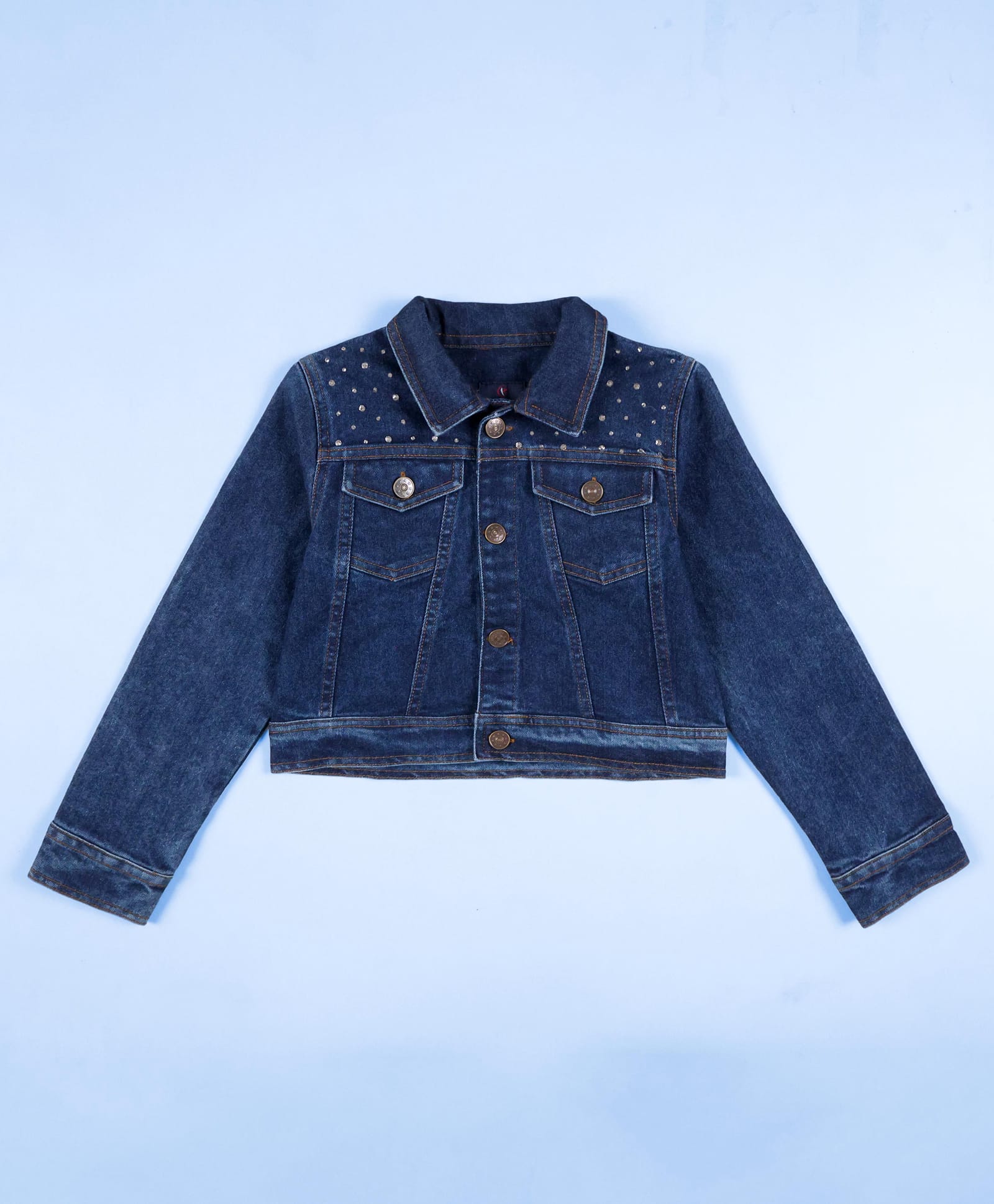 Kiddopanti Denim Woven Full Sleeves Rhinestones Embellished Mild Washed Cropped Jacket - Dark Blue-picture-23