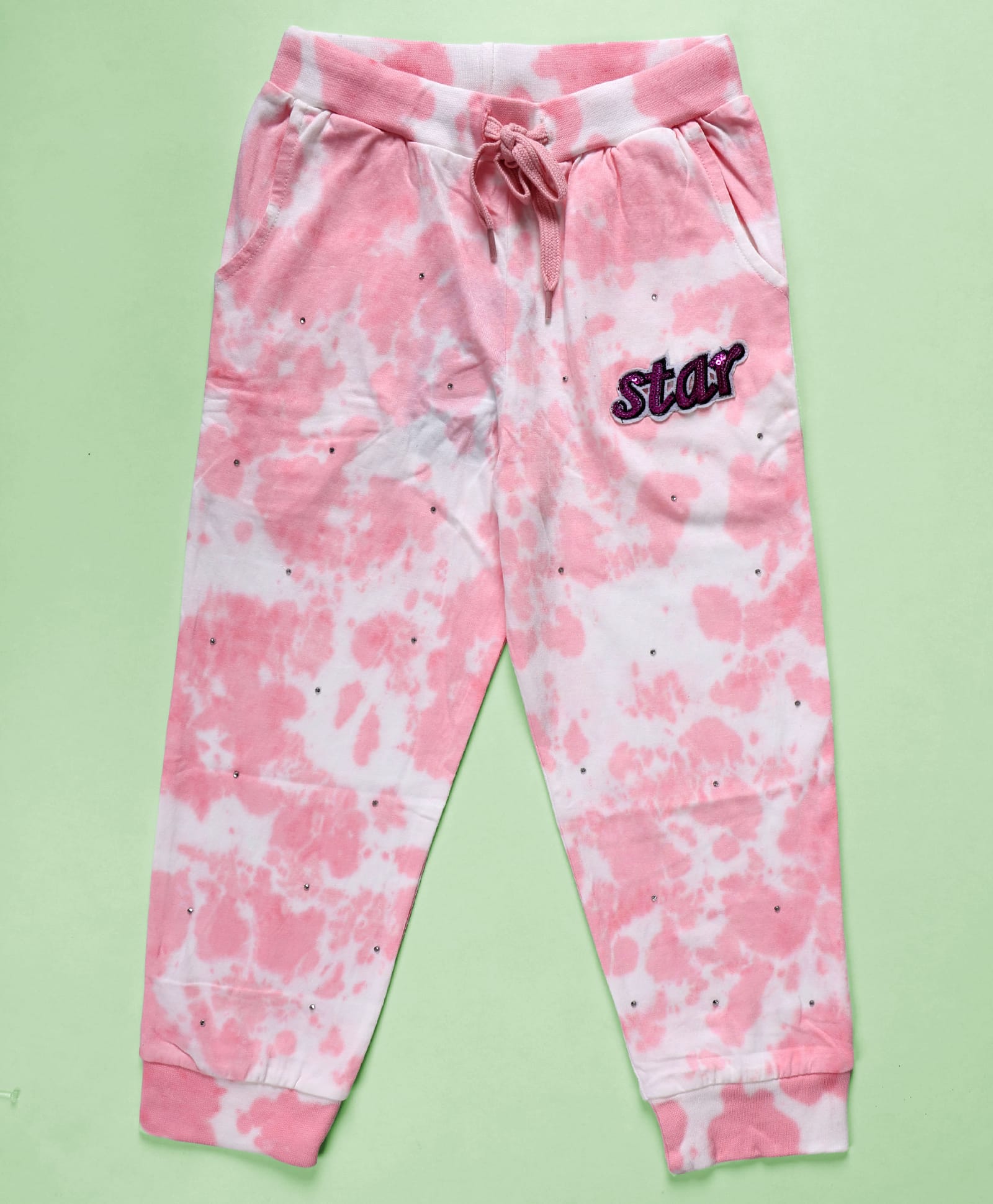 Kiddopanti Cotton Knit Star Text Patch Detailed Rhinestones Embellished Tie Dye Track Pants - Pink-picture-22