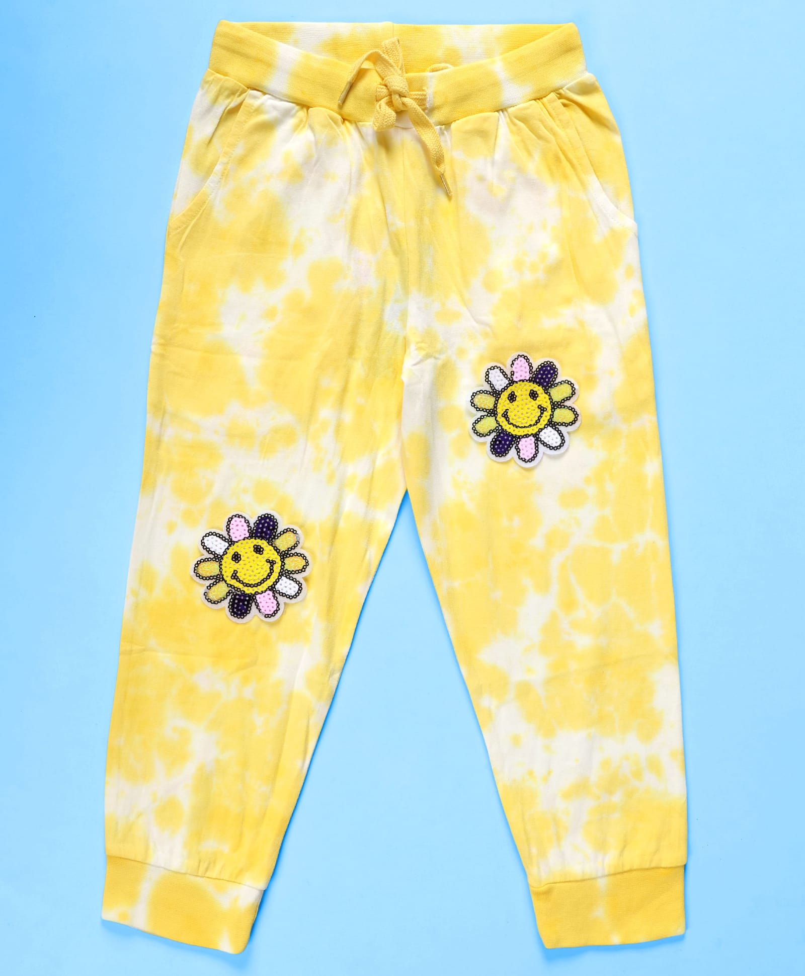 Kiddopanti Cotton Knit Floral Patch Detailed Sequins Embellished Tie Dye Track Pants - Yellow-picture-39
