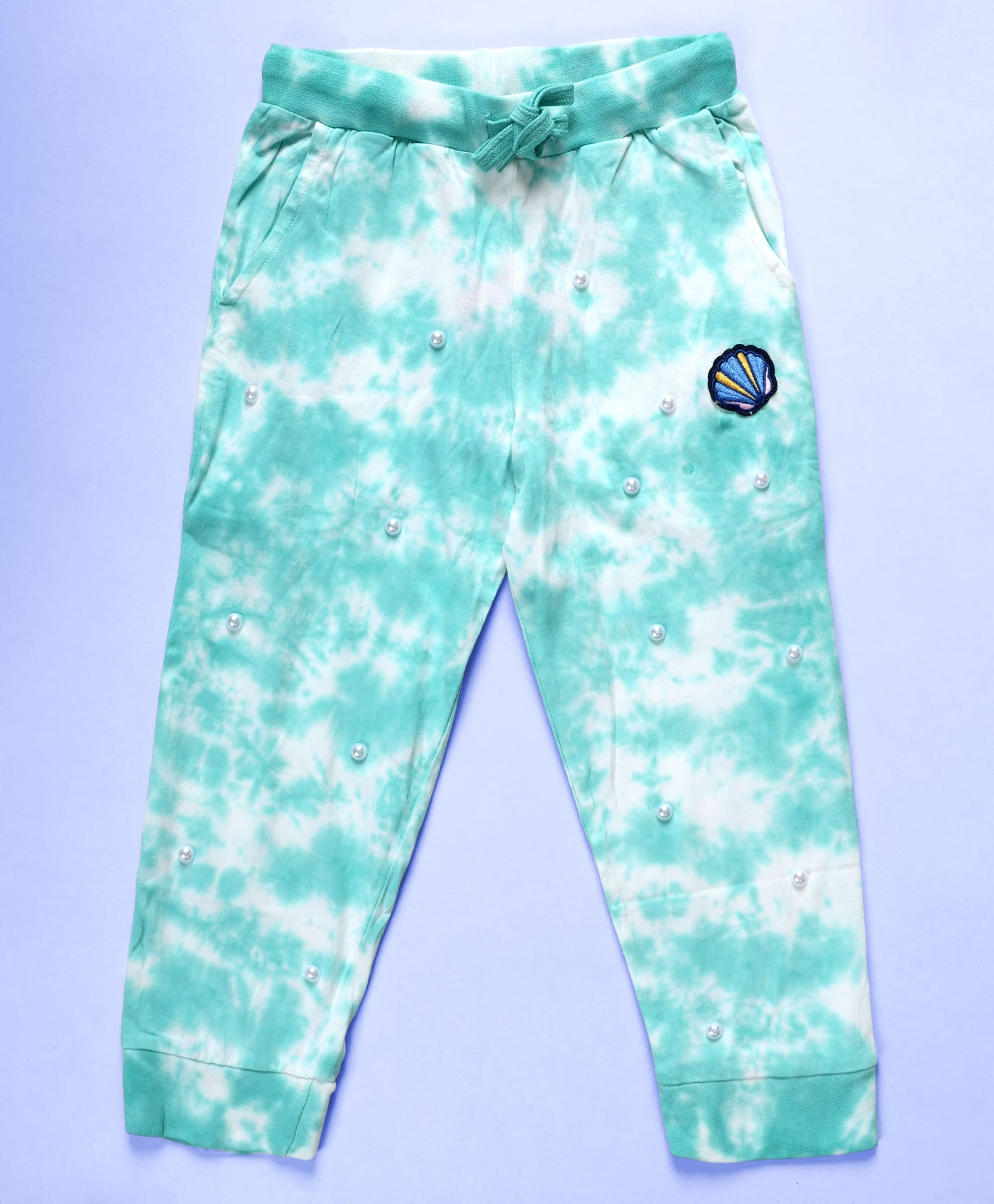 Kiddopanti Cotton Knit Sea Shell Patch Detailed Pearls Embellished Tie Dye Track Pants - Green-picture-40