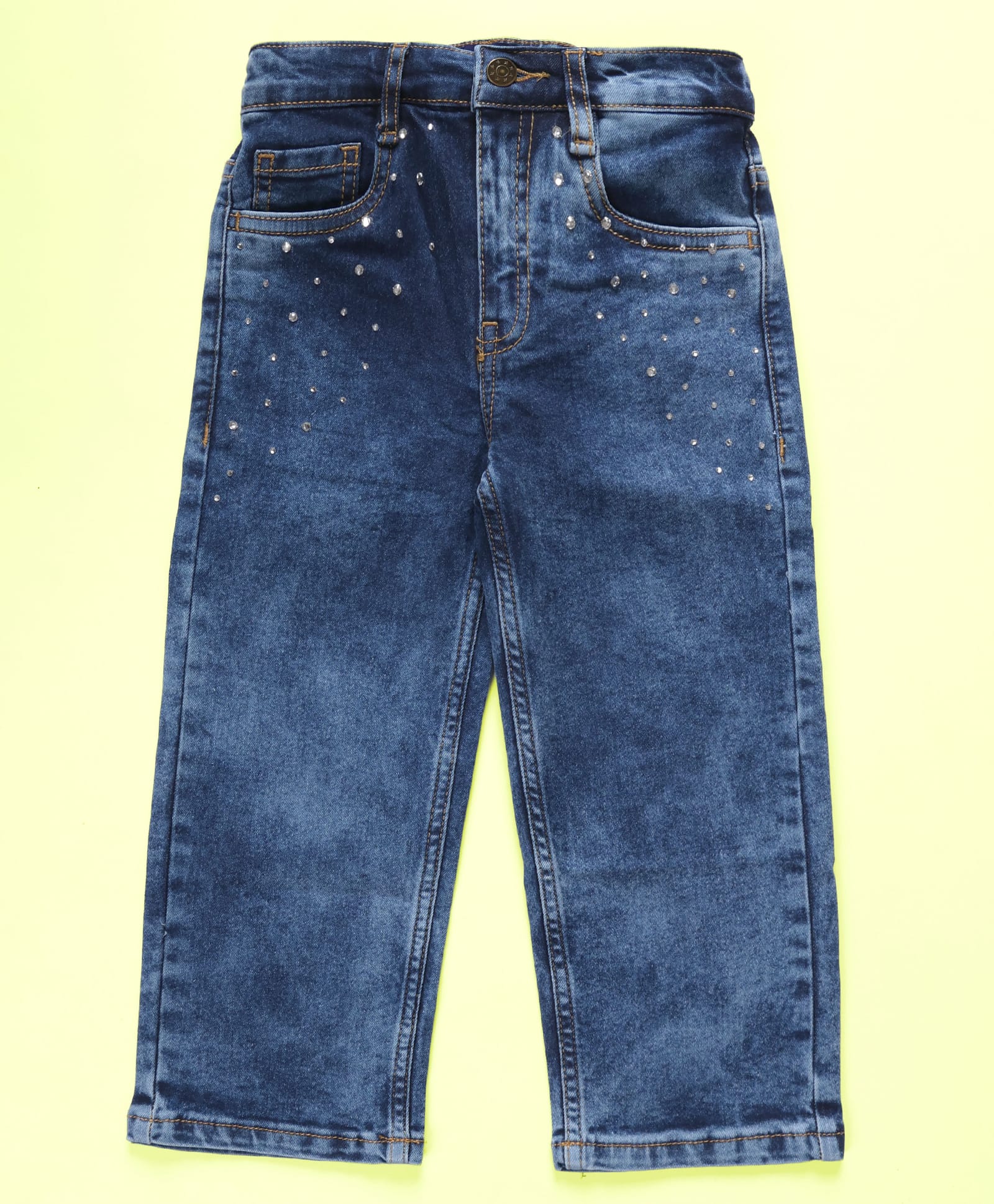 Kiddopanti Denim Woven Rhinestones Embellished Mild Washed Jeans - Medium Rag Blue-picture-15