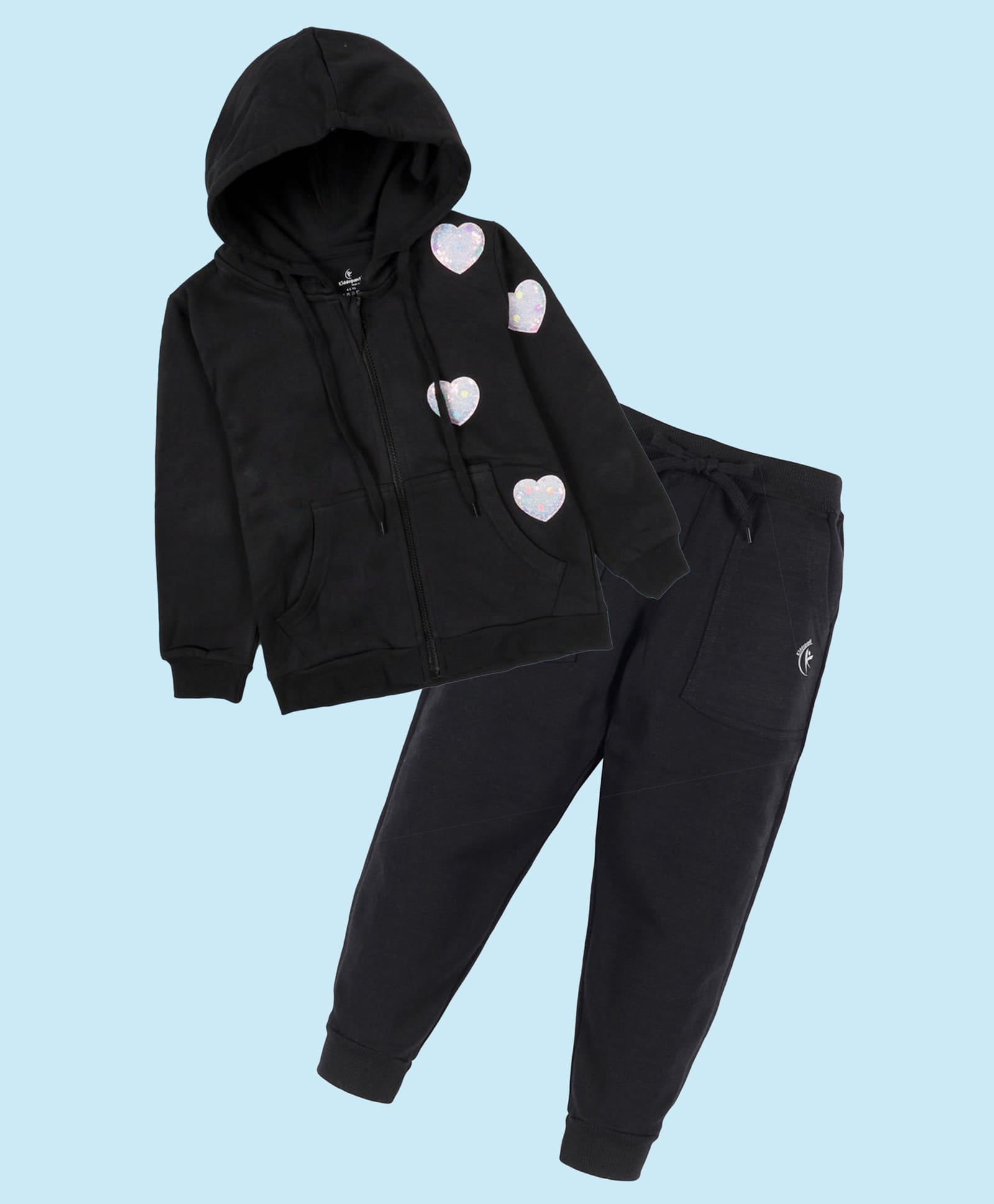 Kiddopanti Fleece Knit Full Sleeves Heart Sequinned Patch Detailed Light Winter Sweatjacket With Track Pants Sets - Black-image-17