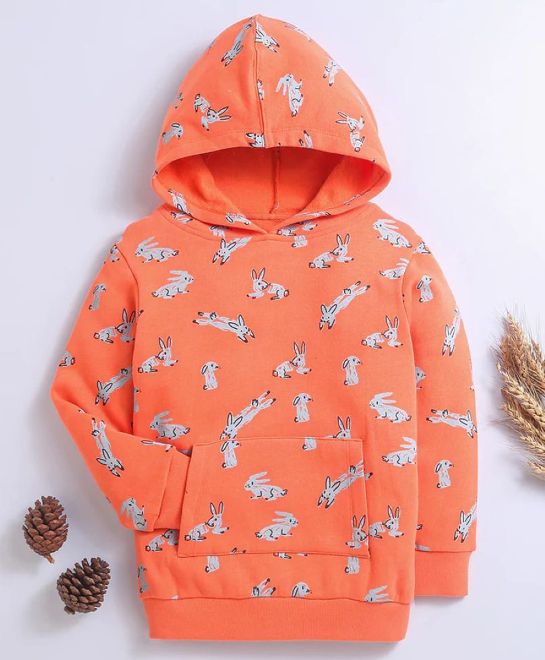 Nino Bambino Organic Cotton Knit Full Sleeves Bunny Printed Light Winter Hoodie - Orange-image-28