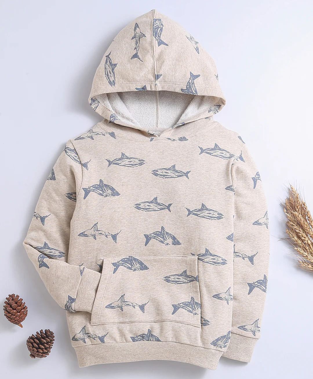 Nino Bambino Organic Cotton Knit Full Sleeves Shark Printed Light Winter Hoodie - Grey-picture-20
