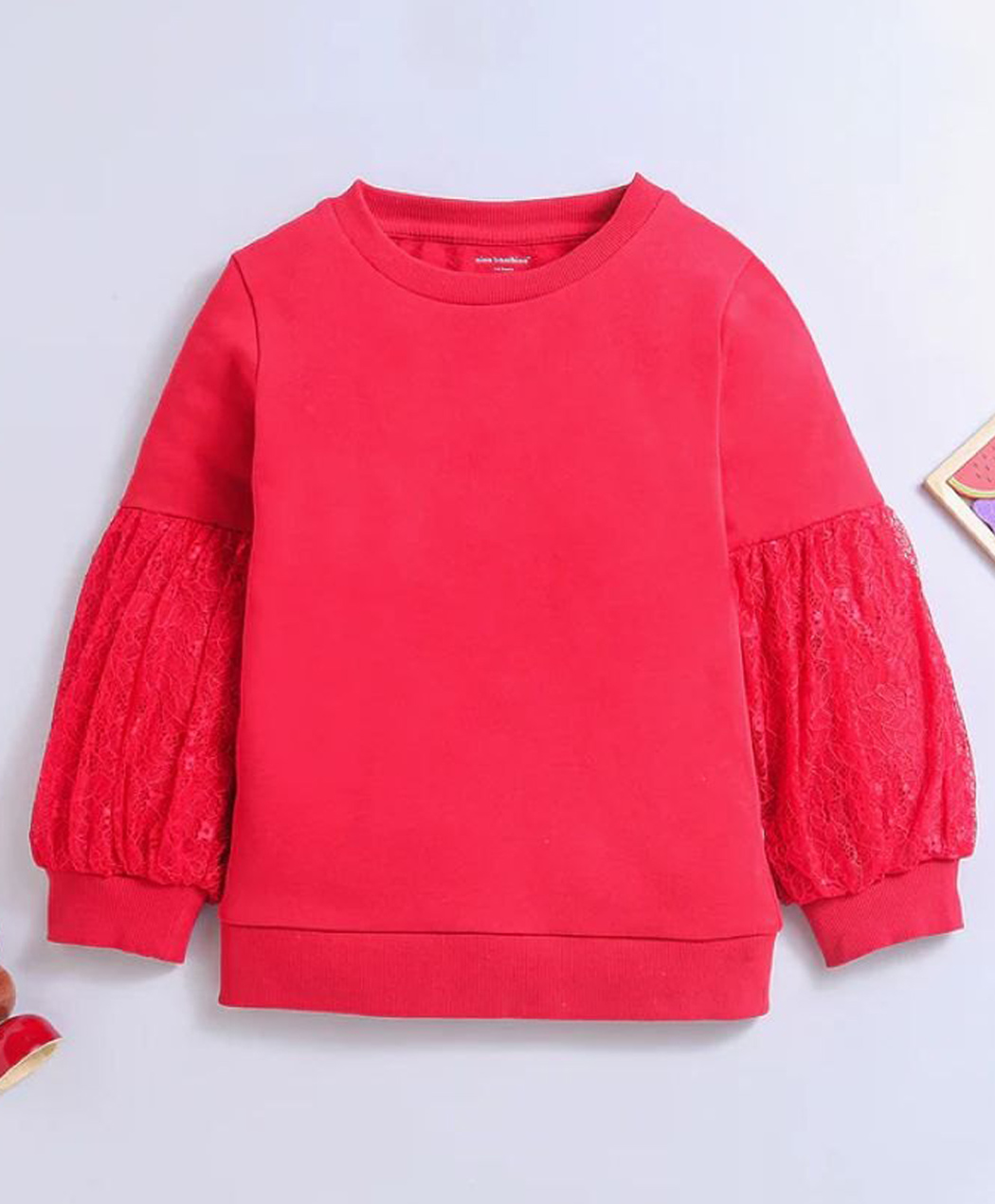 Nino Bambino Organic Cotton Knit Full Sleeves Lace Embellished Pre Winter Sweatshirt - Red-picture-21